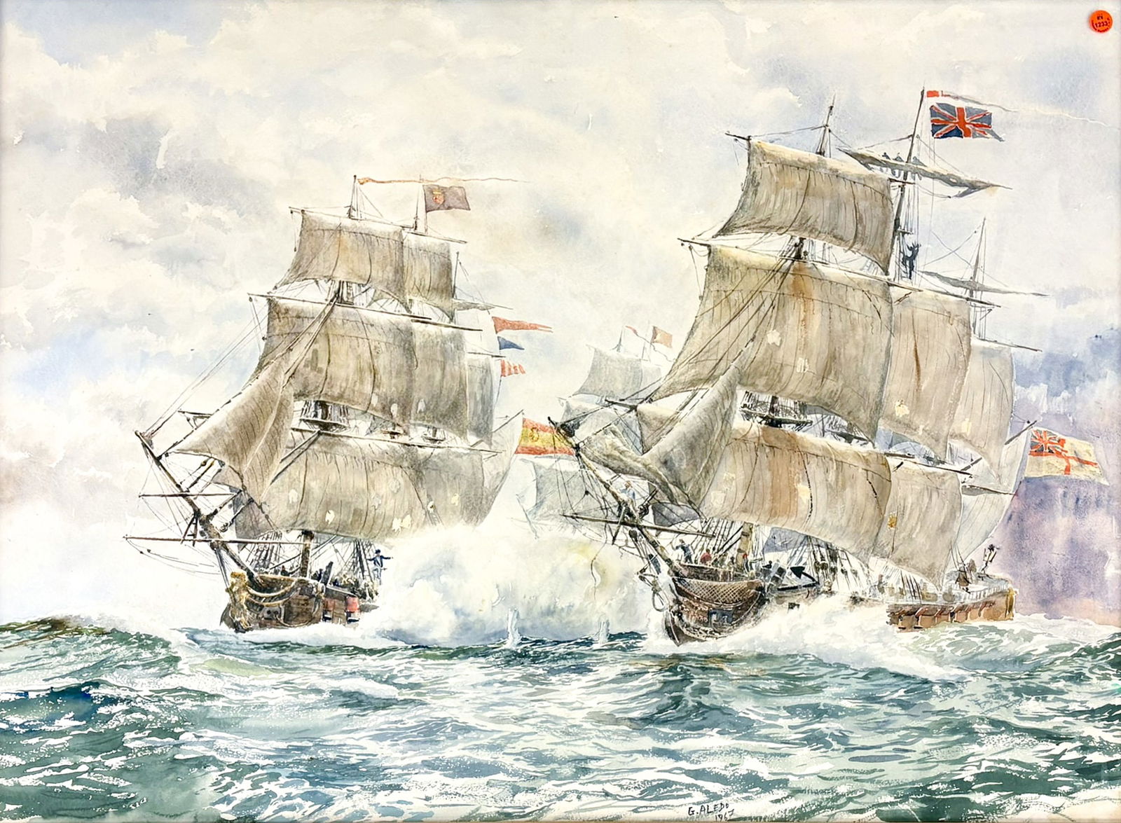 Guillermo Aledo Gonzalez "British Ship Fighting Spanish Ship" Watercolor on Paper: Guillermo Aledo Gonzalez (1923-2000 Spanish) "British Ship Fighting Spanish Ship" Watercolor on Paper 31"x40.5" Framed. Signed lower center.