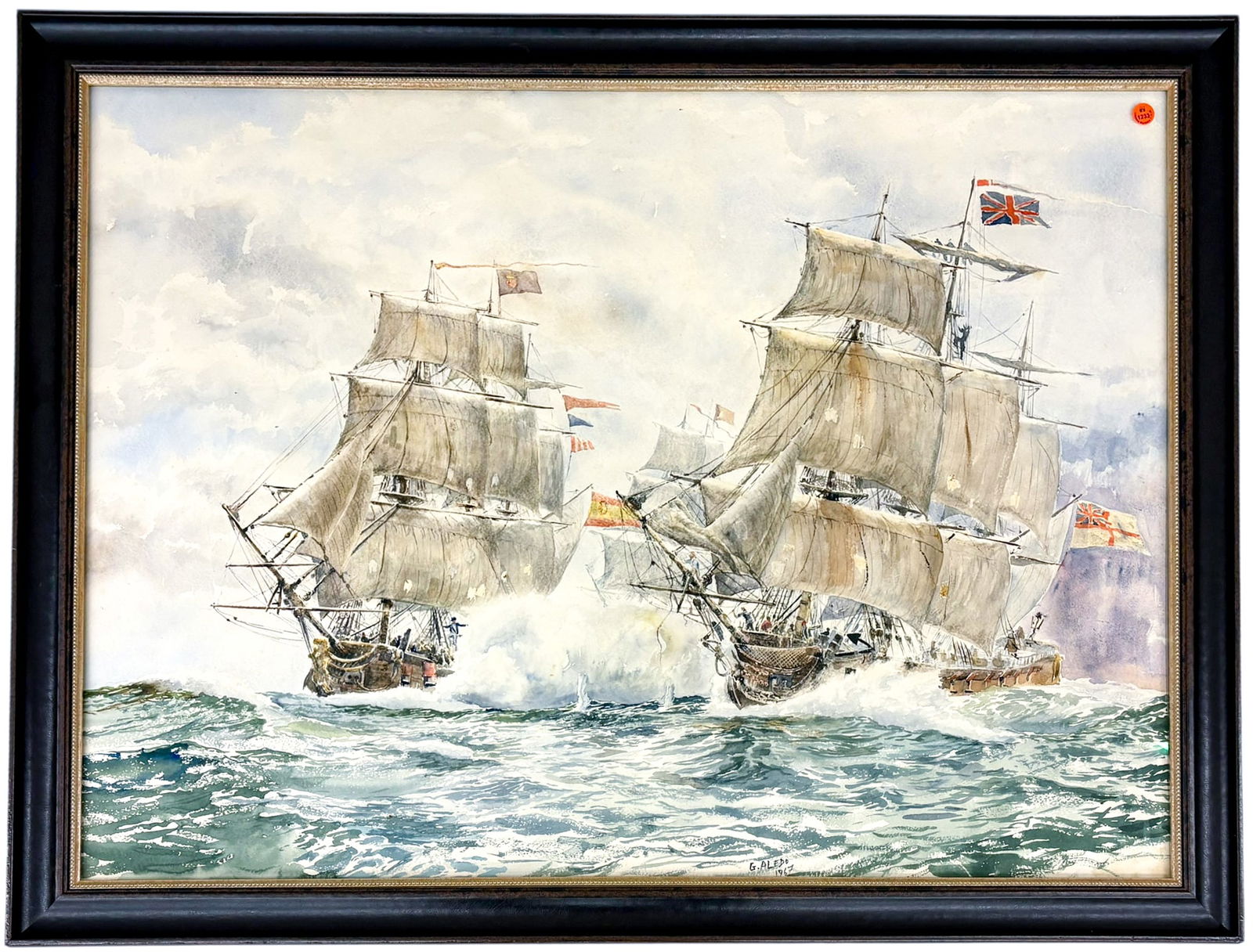 Guillermo Aledo Gonzalez "British Ship Fighting Spanish Ship" Watercolor on Paper - 2