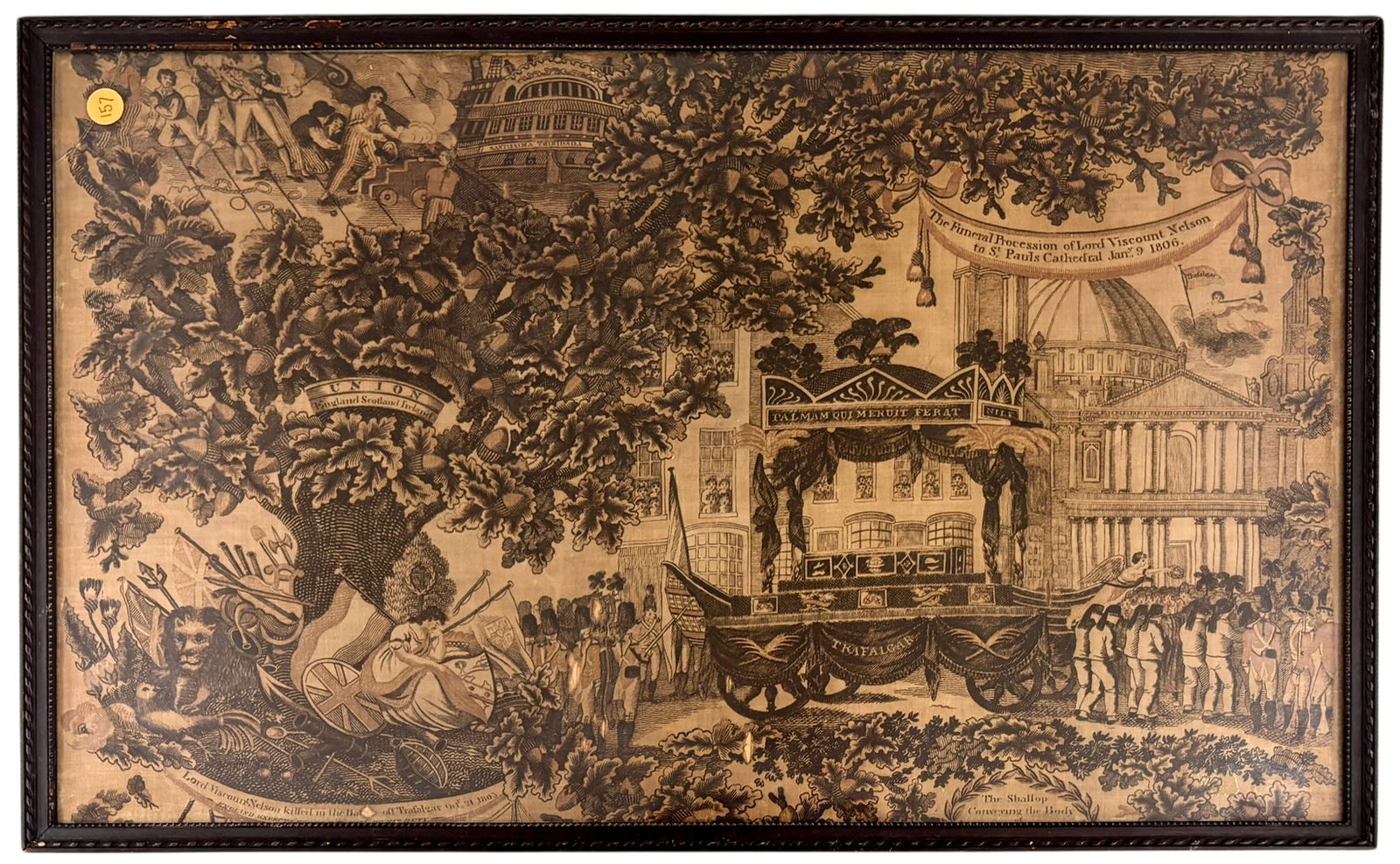 "The Funeral Procession of Lord Viscount Nelson to St. Pauls Cathedral" Antique Toile: "The Funeral Procession of Lord Viscount Nelson to St. Pauls Cathedral January 9th, 1806" Antique Toile 17.5"x28.25" Framed. Crack to top left corner glass.