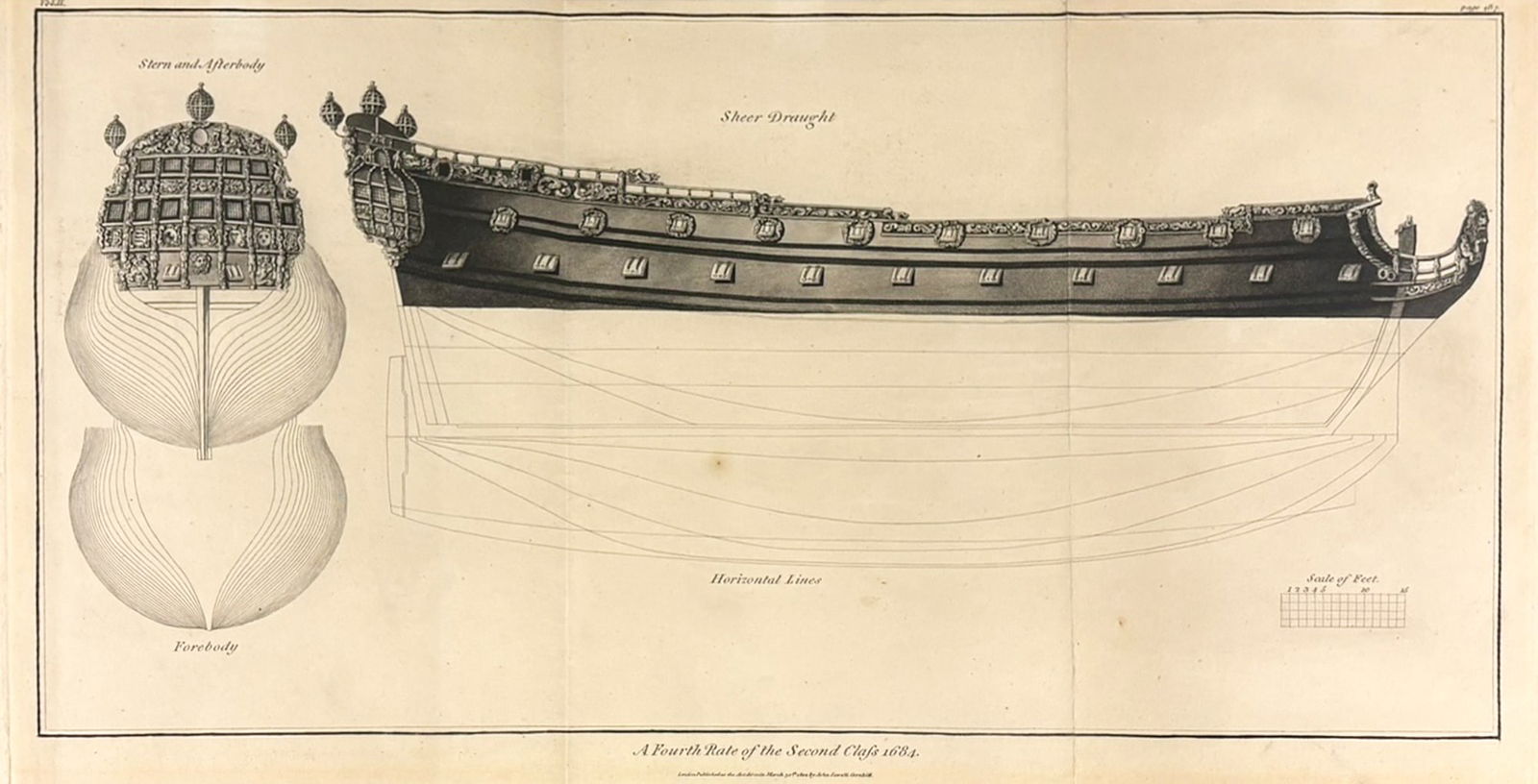 "A Fourth Rate of the Second Class 1684" 1802 Etching by John Sewell: "A Fourth Rate of the Second Class 1684" 1802 Etching by John Sewell 11.5"x22.5" Image 17"x28.5" Framed. Excellent condition, not examined outside of framing.
