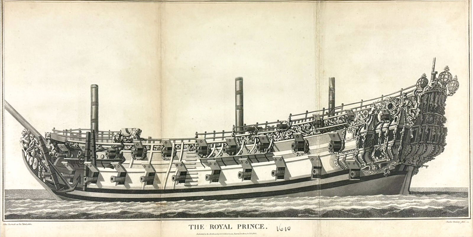 "The Royal Prince 1610" 1800 Etching by Charles Tomkins: "The Royal Prince 1610" 1800 Etching by Charles Tomkins based on a drawing by John Charnock 11"x22" Image 16.5"x27.5" Framed. Excellent condition, not examined outside of framing.