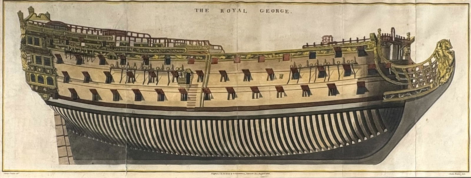 "The Royal George" 1800 Hand Colored Etching by Charles Tomkins: "The Royal George" 1800 Etching by Charles Tomkins based on a drawing by George Staples 10.5"x30" Image 16.5"x36" Framed. Excellent condition, not examined outside of framing.
