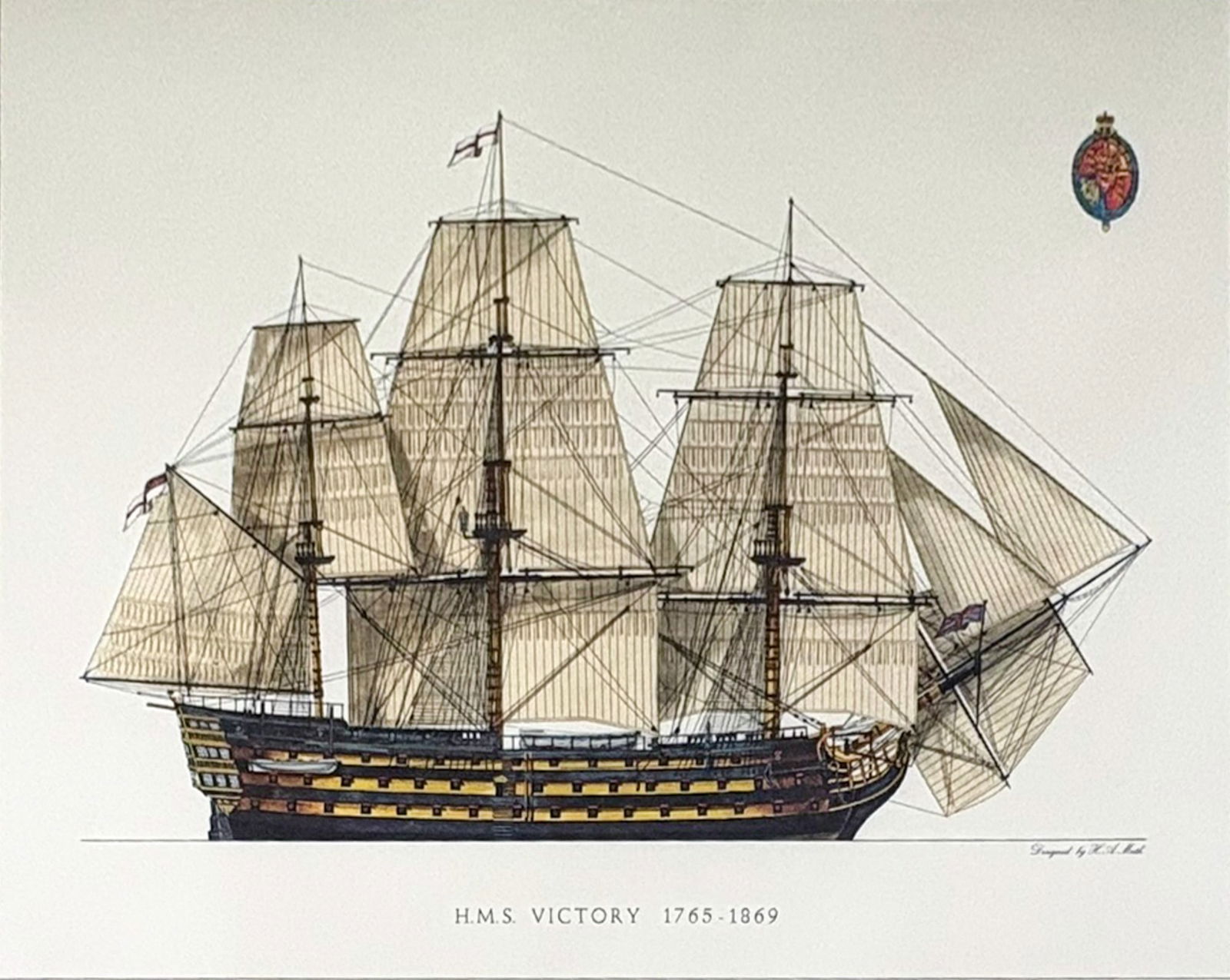 Hans A. Muth "H.M.S. Victory 1765-1869" Lithograph: Hans A. Muth (b. 1935 German) "H.M.S. Victory 1765-1869" Lithograph 18"x23.5" Image 26"x30.5" Framed. Plate signed lower right. Excellent condition, not examined outside of framing.