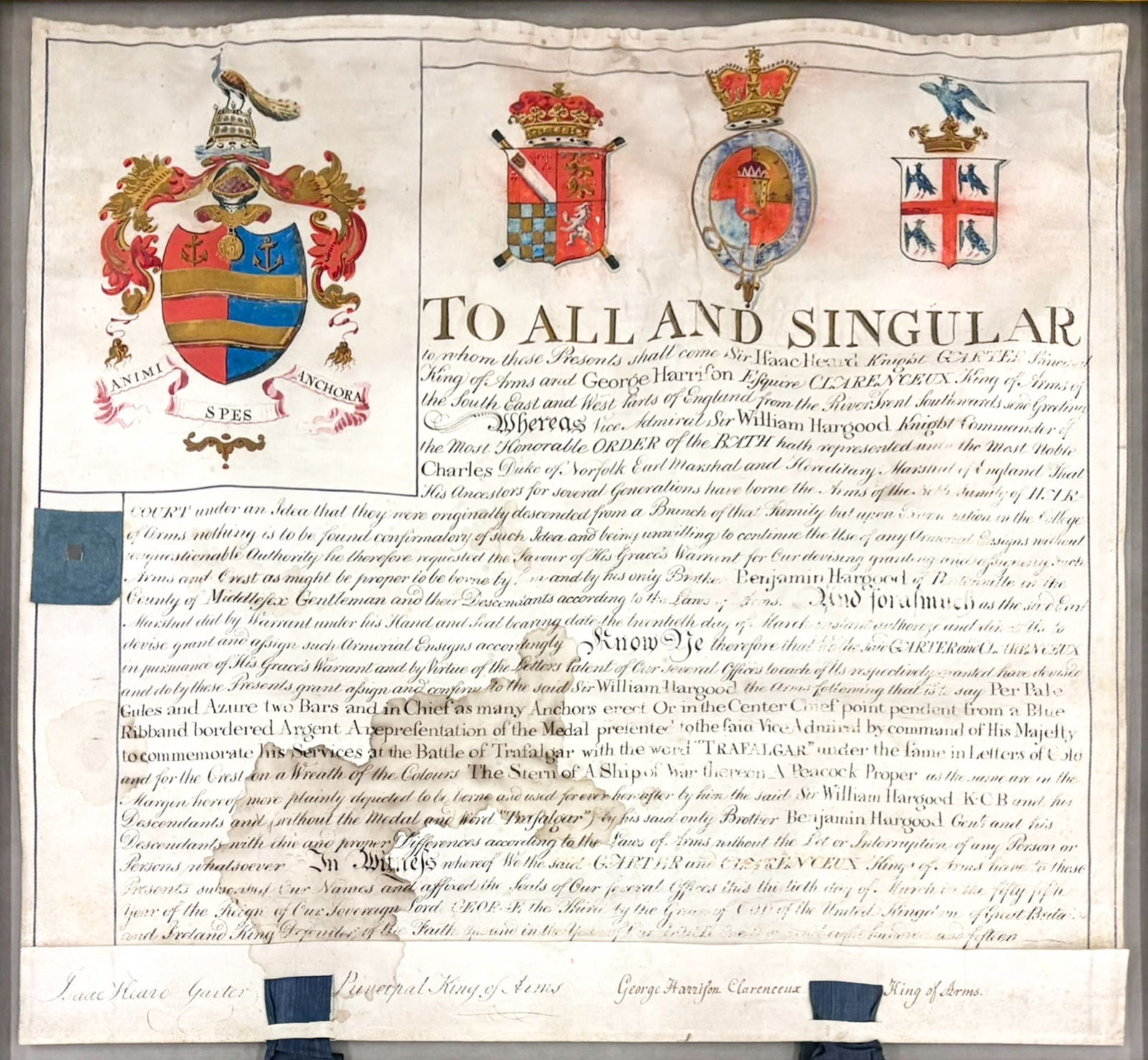 1815 British Grant of Arms Document on Parchment: 1815 British Grant of Arms Document on Parchment 18.75"x20" Sheet 27"x27" Framed. Document confers a Coat of Arms onto Sir William Hargood (1762-1839), captain of HMS Belleisle and hero of the Battle
