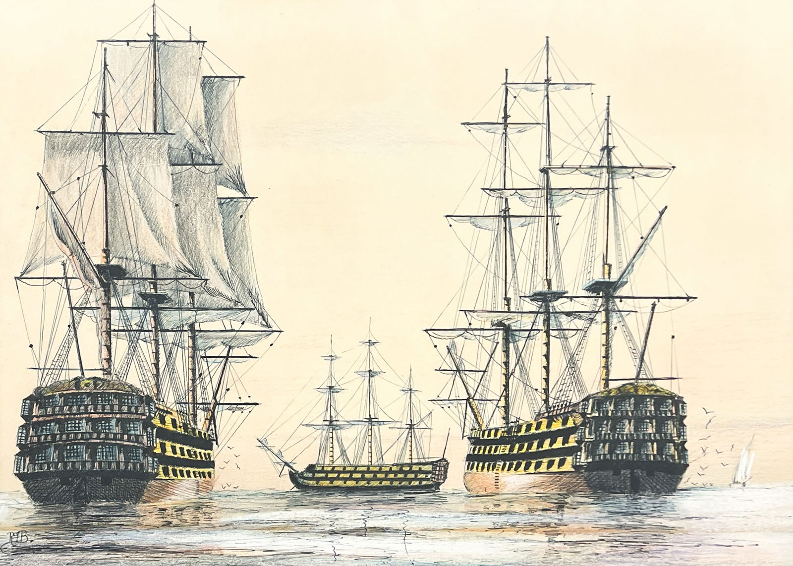 Artist Unknown "Three Ships" Ink & Colored Pencil on Paper: Artist Unknown "Three Ships" Ink & Colored Pencil on Paper 10.5"x15" Image 17"x21.5" Framed. Illegibly signed lower left. Excellent condition, not examined outside of framing.