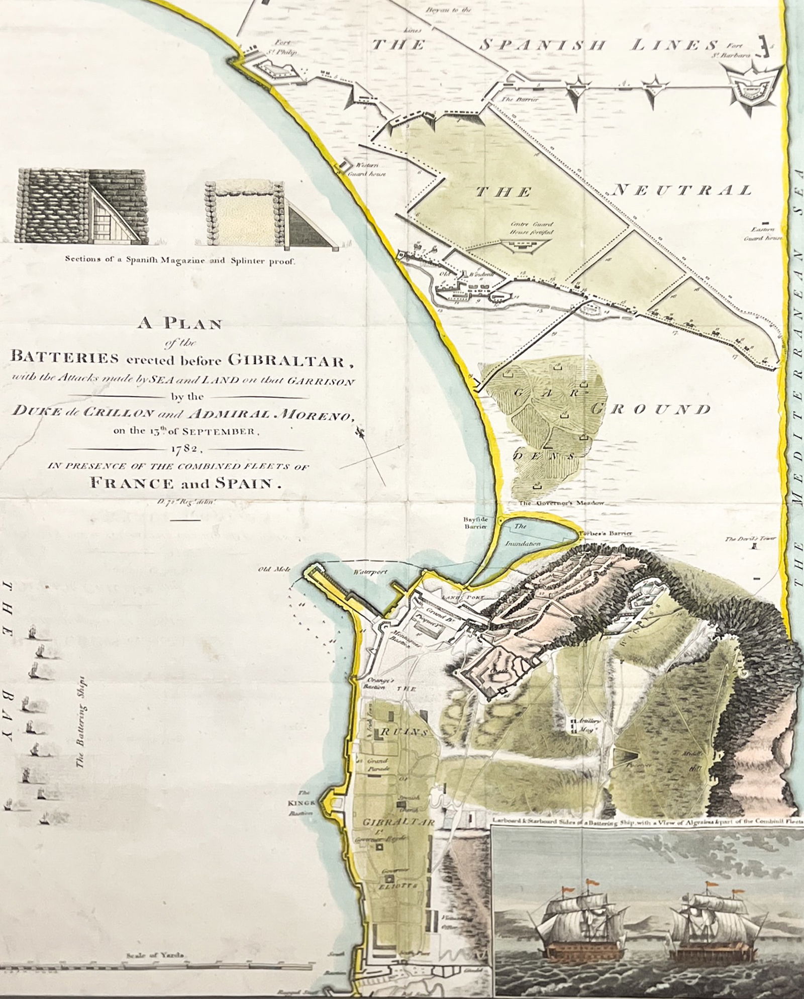 Antique "The Plan of the Batteries Erected Before Gibraltar" Hand Colored Map: Antique "The Plan of the Batteries Erected Before Gibraltar" Hand Colored Map 18"x12.5" Image 23"x17.5" Framed. Excellent condition, not examined outside of framing.