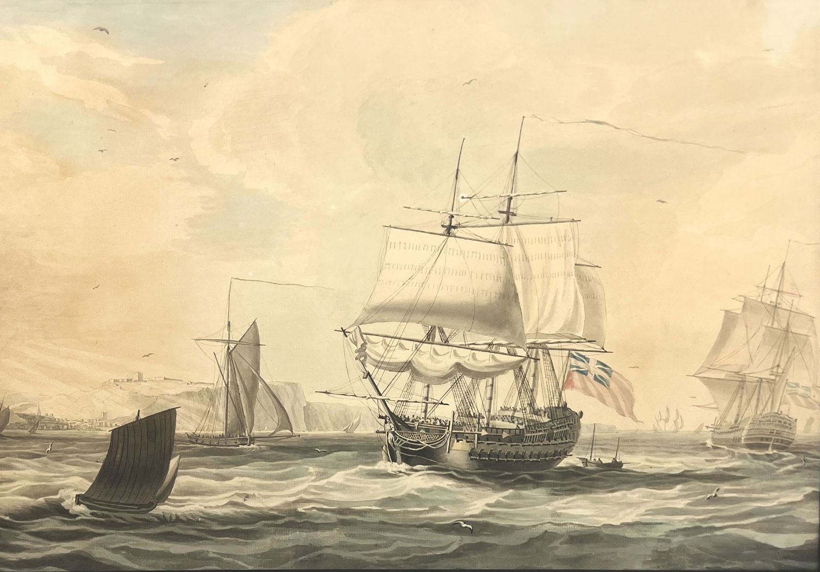 Dominic Serres "A Man O'War and Other Ships Off Dover" Watercolor on Paper: Dominic Serres (1722-1793 French/British) "A Man O'War and Other Ships Off Dover" Watercolor on Paper 12.5"x17" Image 24.5"x29" Framed. Unsigned. Excellent condition, not examined outside of framing.