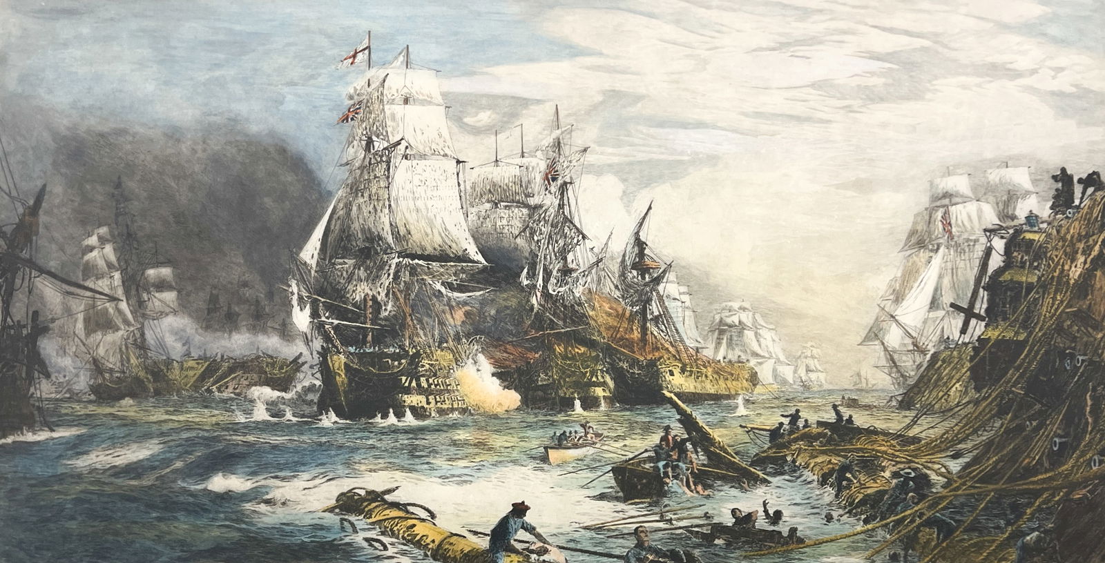 William Lionel Wyllie "The Battle of Trafalgar" Hand Colored Etching: William Lionel Wyllie (1851-1931 British) "The Battle of Trafalgar" Hand Colored Etching 17"x29" Image 25"x37" Framed. Pencil signed lower left. Excellent condition, not examined outside of framing.