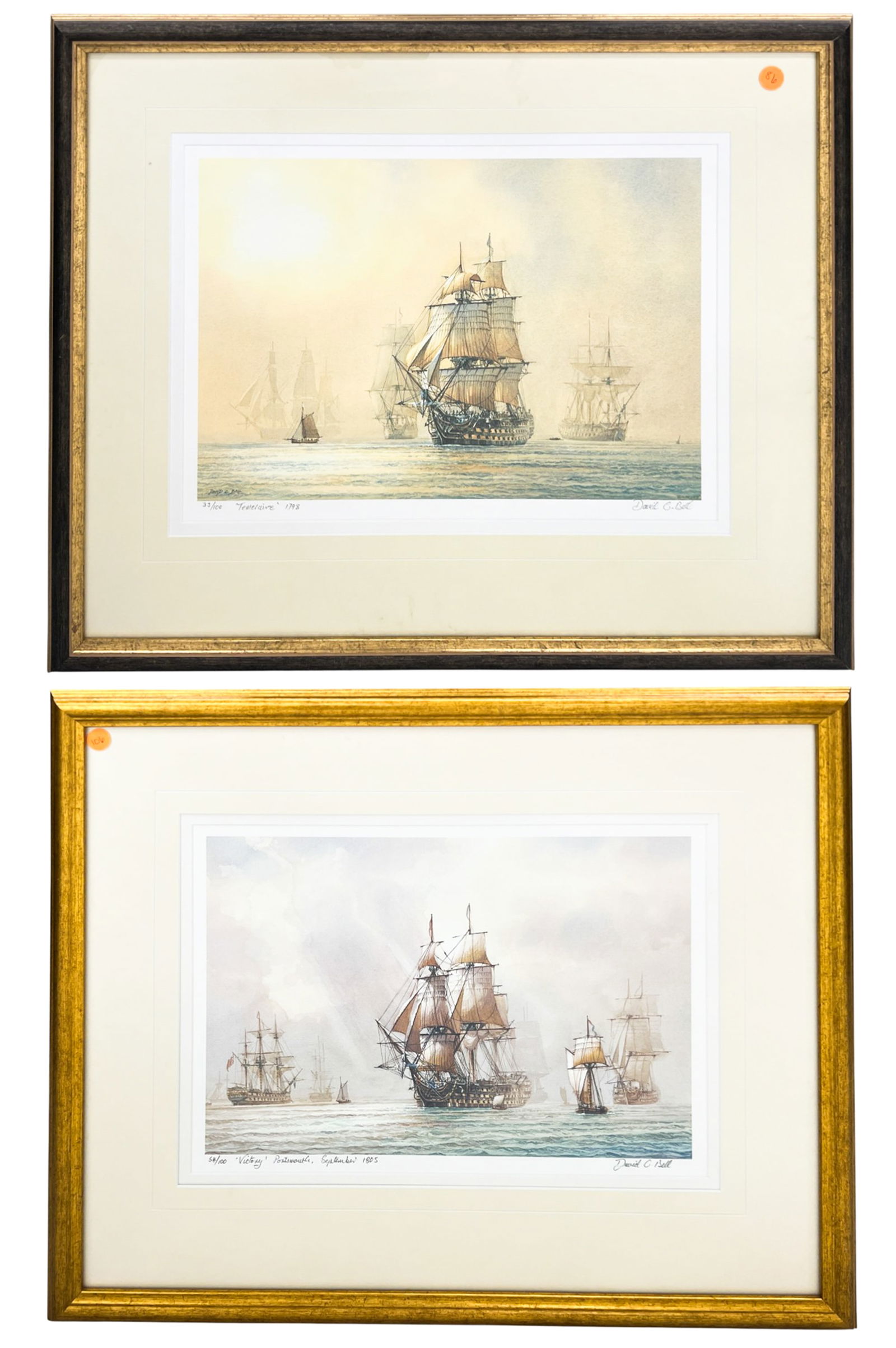 2pc David C. Bell "Temeraire 1798" & "Victory 1805" Giclees: 2pc David C. Bell (b. 1950 British) "Temeraire 1798" & "Victory 1805" Giclees 12"x16" Image 21.5"x25" Framed Largest. Each pencil signed lower right and numbered. Excellent condition, not examined out