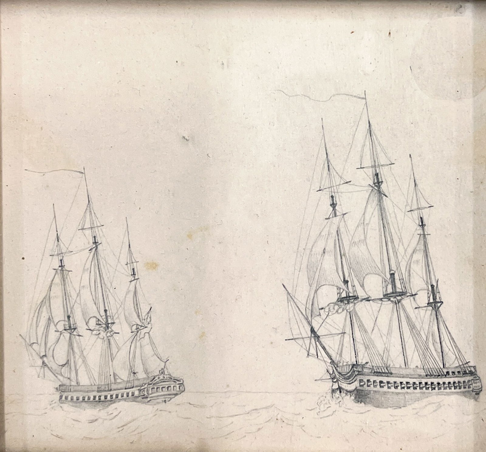 Artist Unknown "Two Ships" Graphite on Paper: Artist Unknown "Two Ships" Graphite on Paper 5"x5.5" Image 8"x9" Framed. Unsigned. Excellent condition, not examined outside of framing.