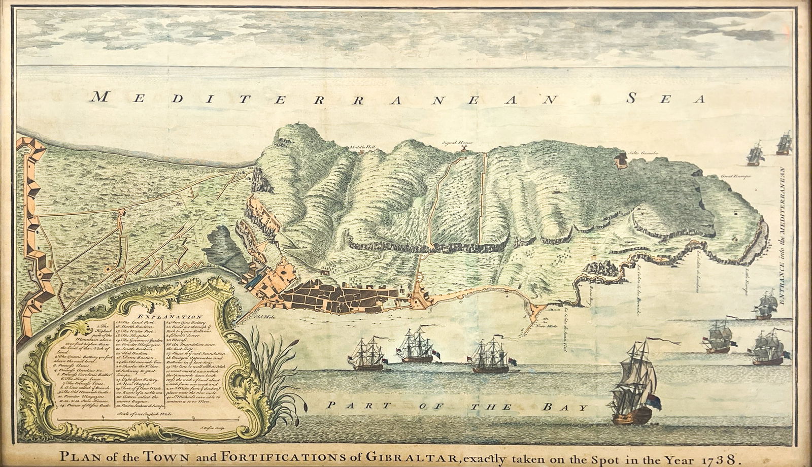 Antique "Plan of the Town and Fortifications of Gibraltar 1738" Hand Colored Map: Antique "Plan of the Town and Fortifications of Gibraltar, Exactly Taken on the Spot in the Year 1738" Hand Colored Map 16"x25" Framed. Excellent condition, not examined outside of framing.
