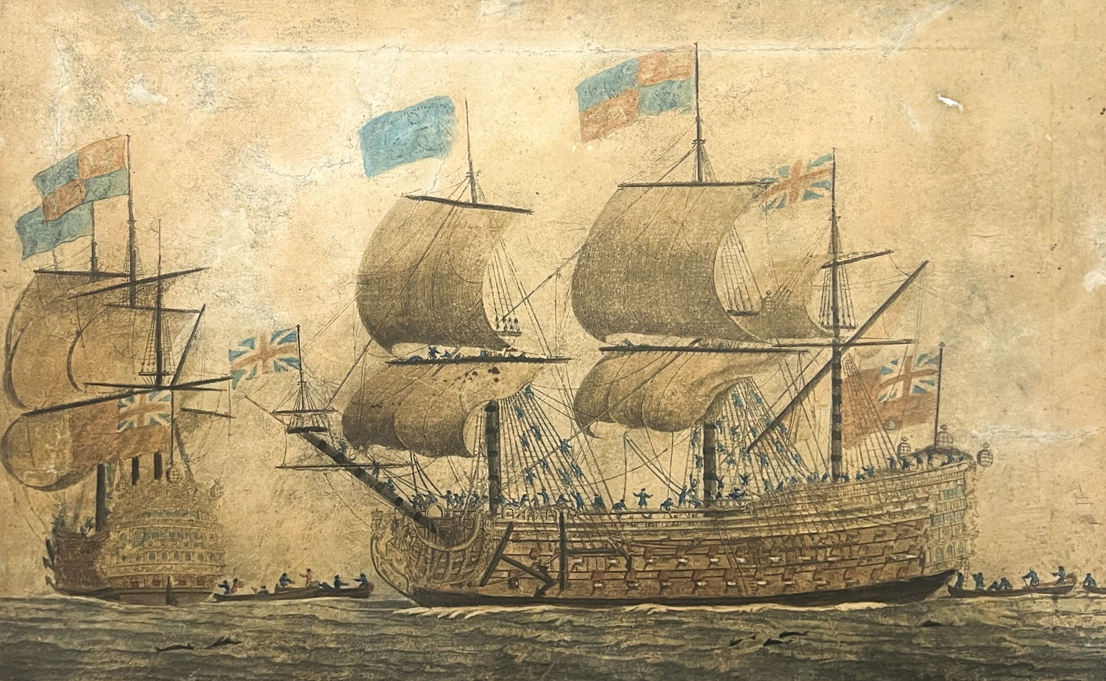 Antique "Royal George" Hand Colored Etching: Antique "Royal George" Hand Colored Etching 12"x17.5" Framed. Some repairs.