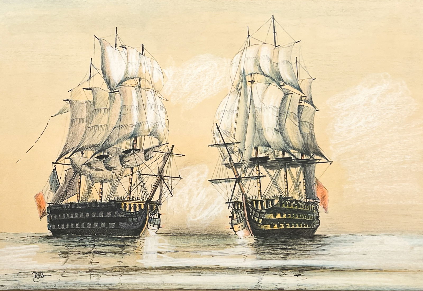 Artist Unknown "Two Ships" Ink & Colored Pencil on Paper (1 of 2)