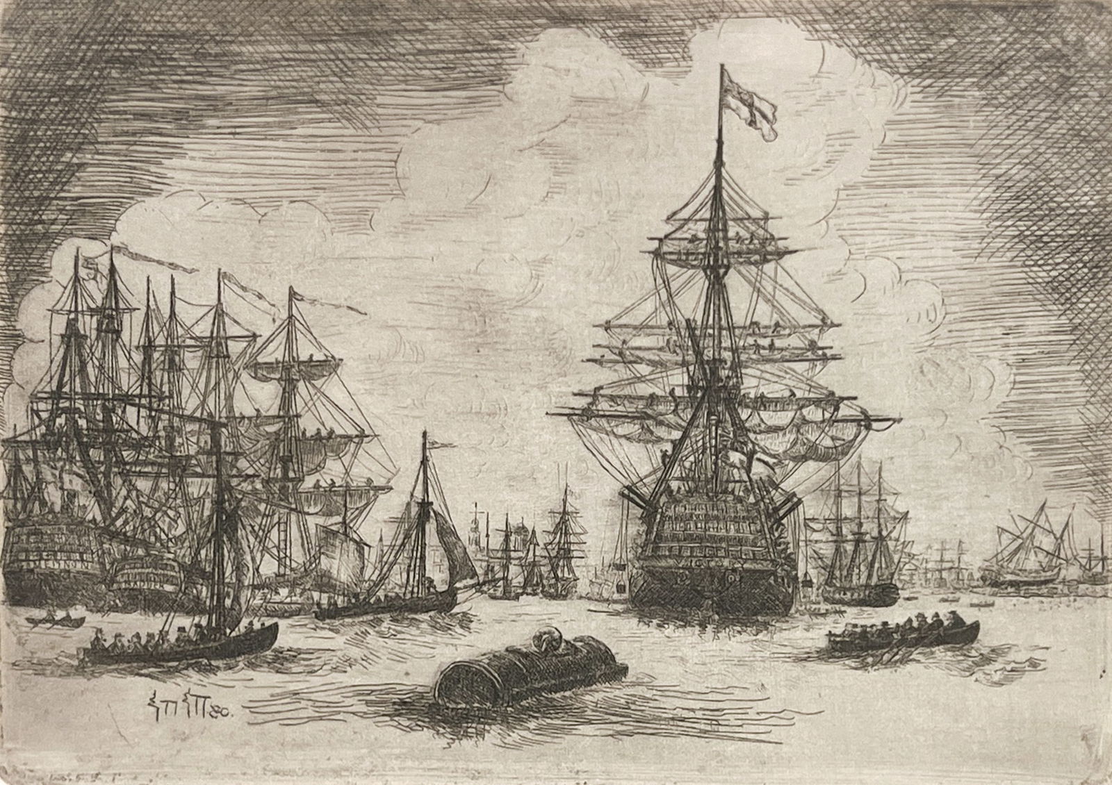 Artist Unknown "HMS Victory in Portsmouth Harbour" Antique Etching: Artist Unknown "HMS Victory in Portsmouth Harbour" Antique Etching 5"x6.5" Image 12"x13.5" Framed. Illegibly signed lower right. Excellent condition, not examined outside of framing.