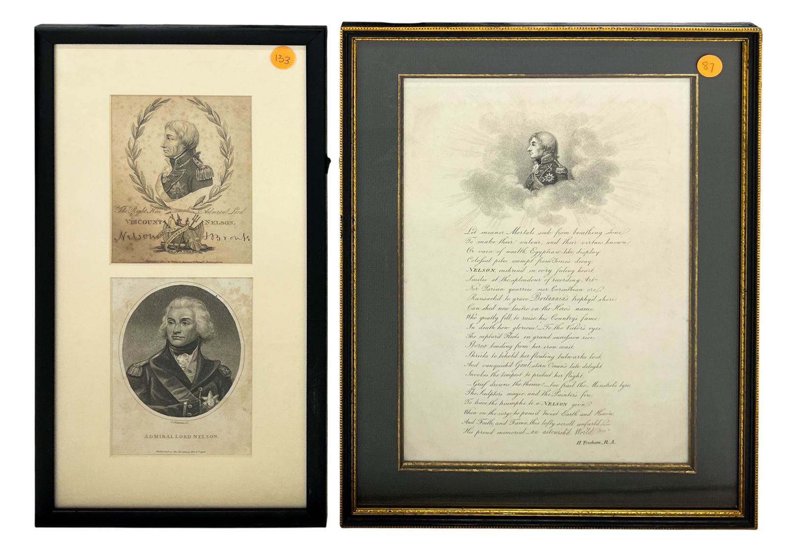 2pc Admiral Nelson Etchings: 2pc Admiral Nelson Etchings 17"x13" Largest Framed