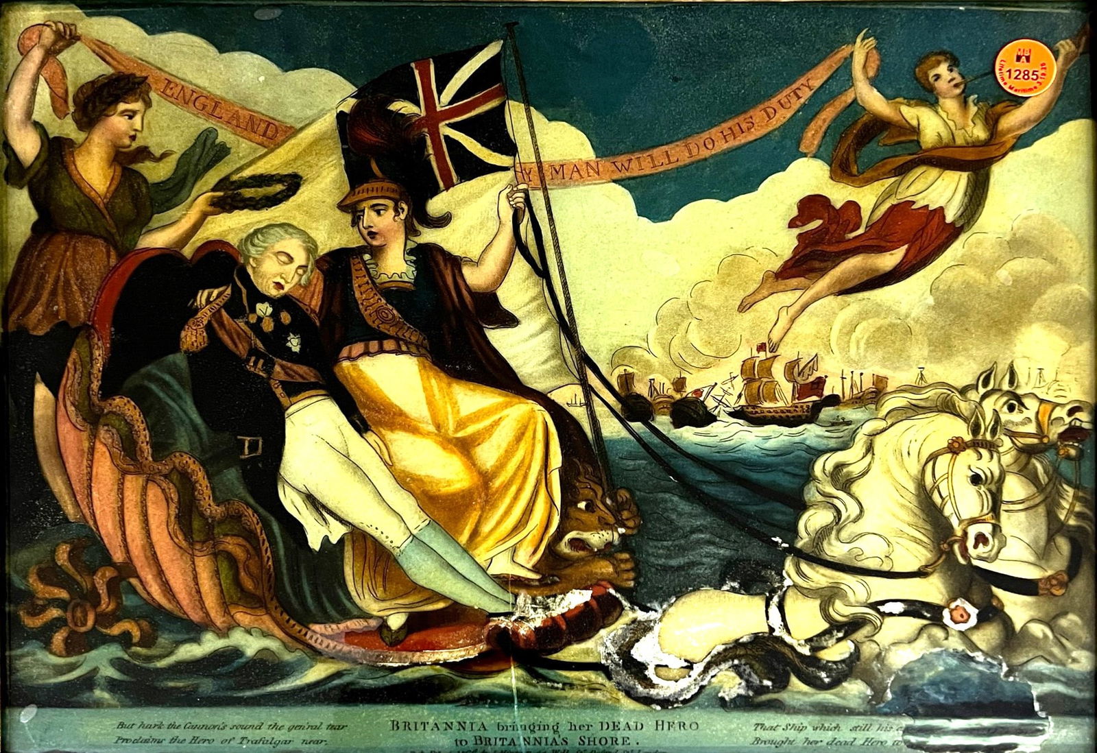 I. Hinton "Britannia Bringing Her Dead Hero..." Antique Glass Transfer Print: I. Hinton (19th Cent. British) "Britannia Bringing Her Dead Hero to Britannia's Shore" Antique Glass Transfer Print 13"x17" Framed. Unsigned. Repair in bottom right corner.
