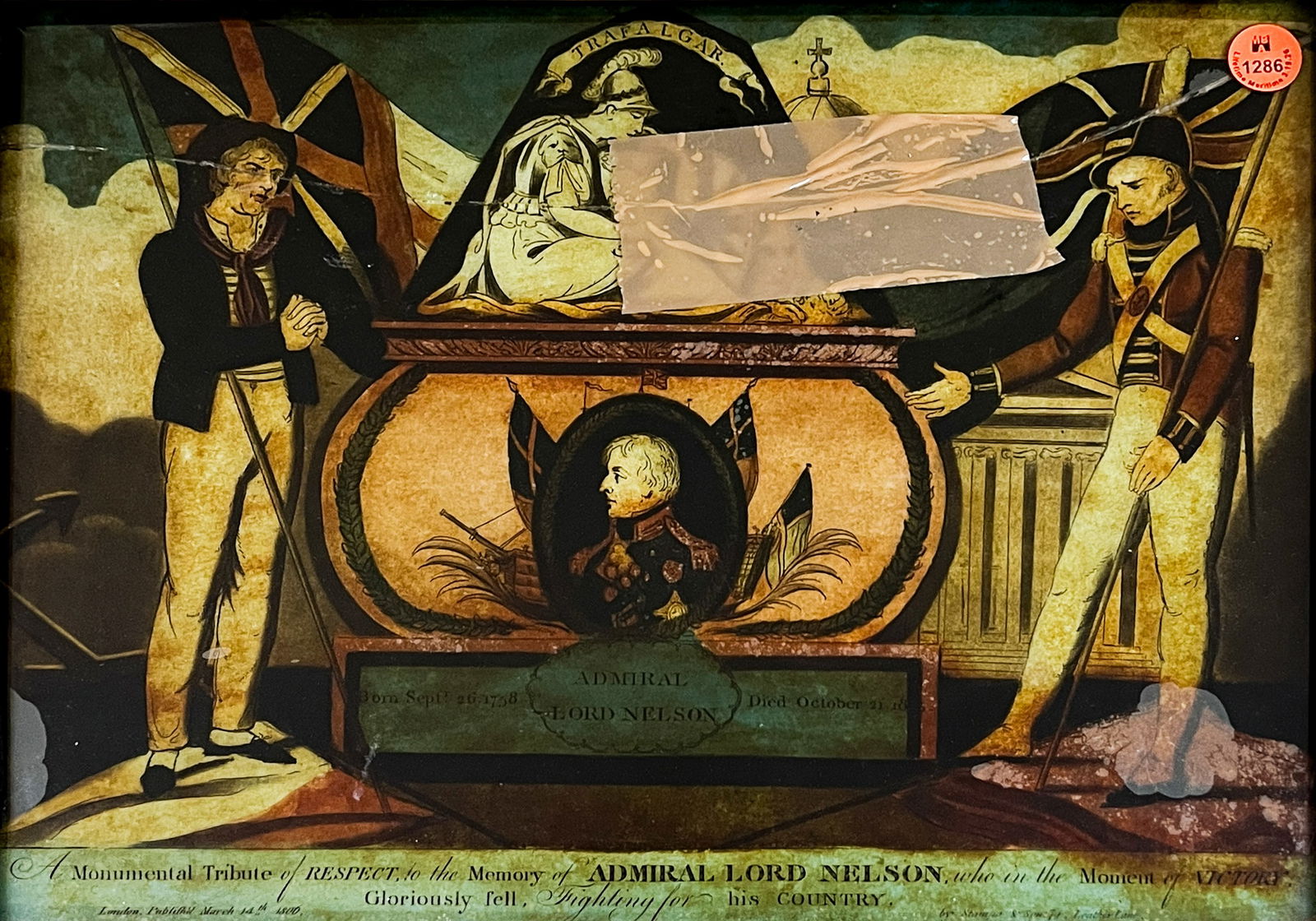 "A Monumental Tribute to Admiral Nelson" Antique Glass Transfer Print: "A Monumental Tribute to Admiral Nelson" Antique Glass Transfer Print 9.5"x13.5" Image 18"x21" Framed. Crack along top.