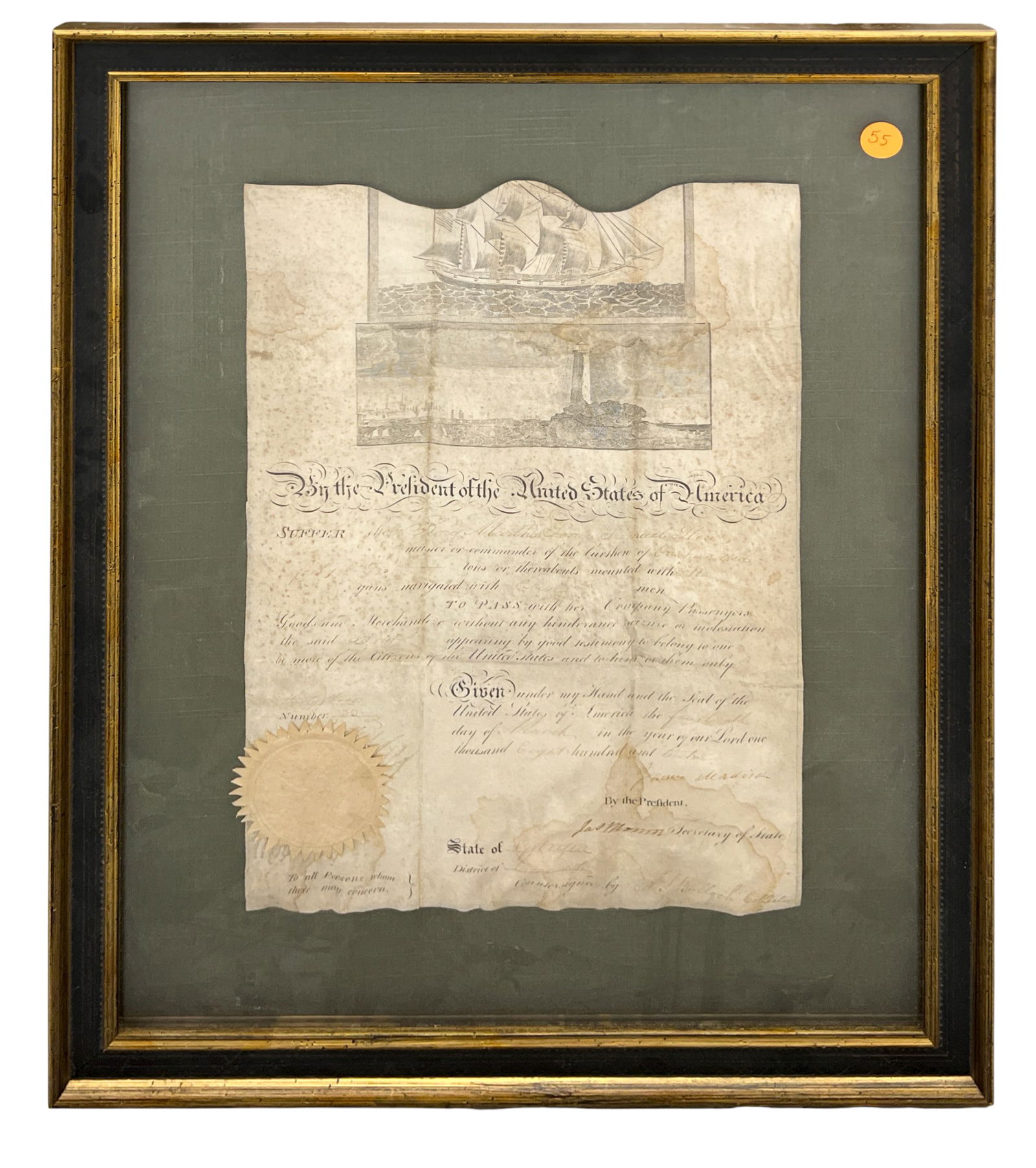 James Madison & James Monroe Signed Ship's Passport Document (1 of 2)