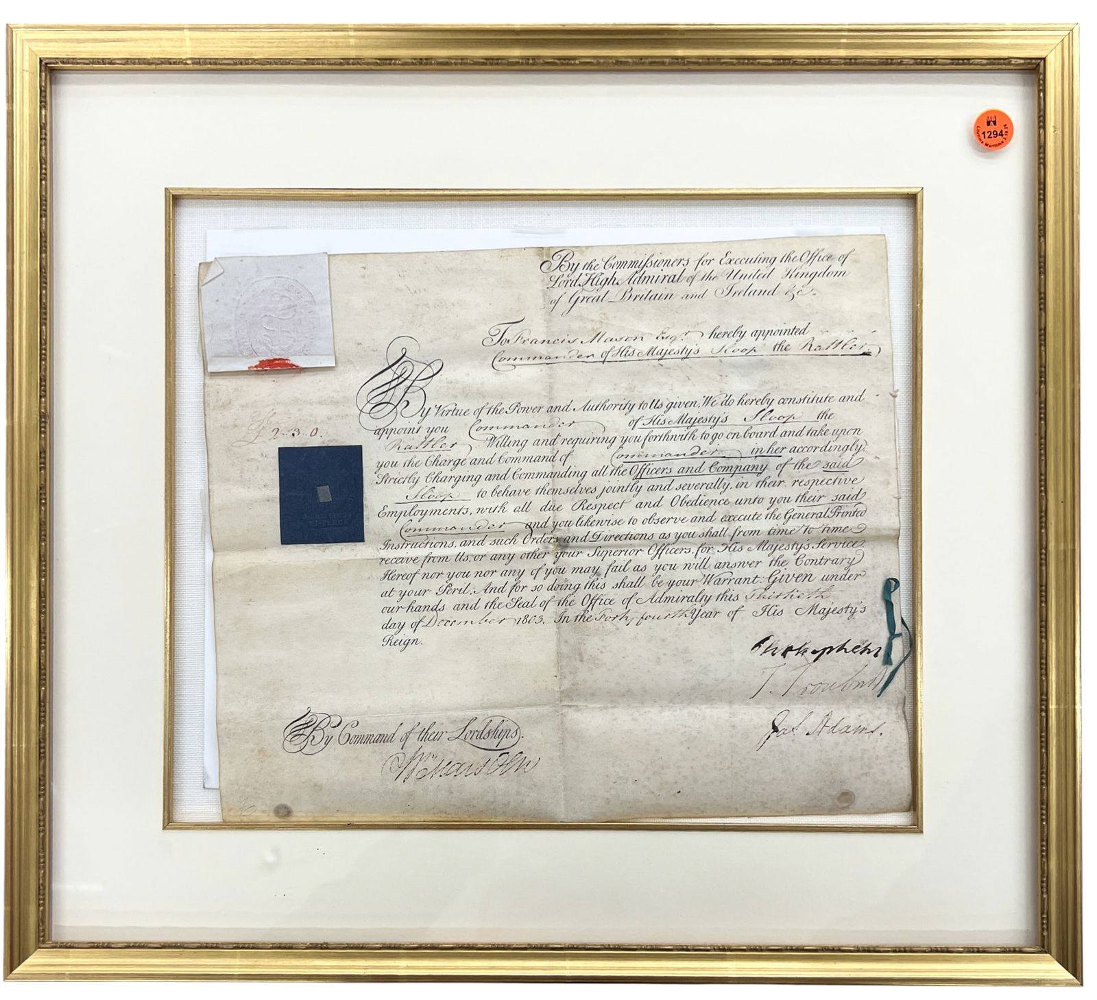1803 British Royal Navy Document (1 of 2)