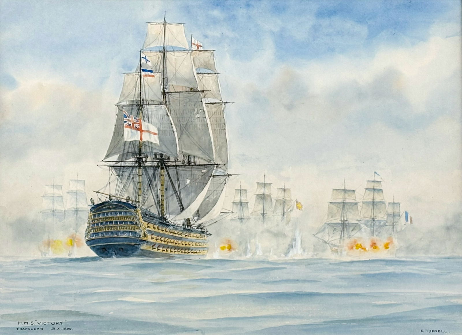 Eric Tufnell "HMS VIctory Trafalgar" Watercolor on Paper: Eric Tufnell (1888-1978 British) "HMS VIctory Trafalgar" Watercolor on Paper 12.75"x17.25" Image 20"x24.5" Framed. Signed lower right. Excellent condition, not examined outside of framing.