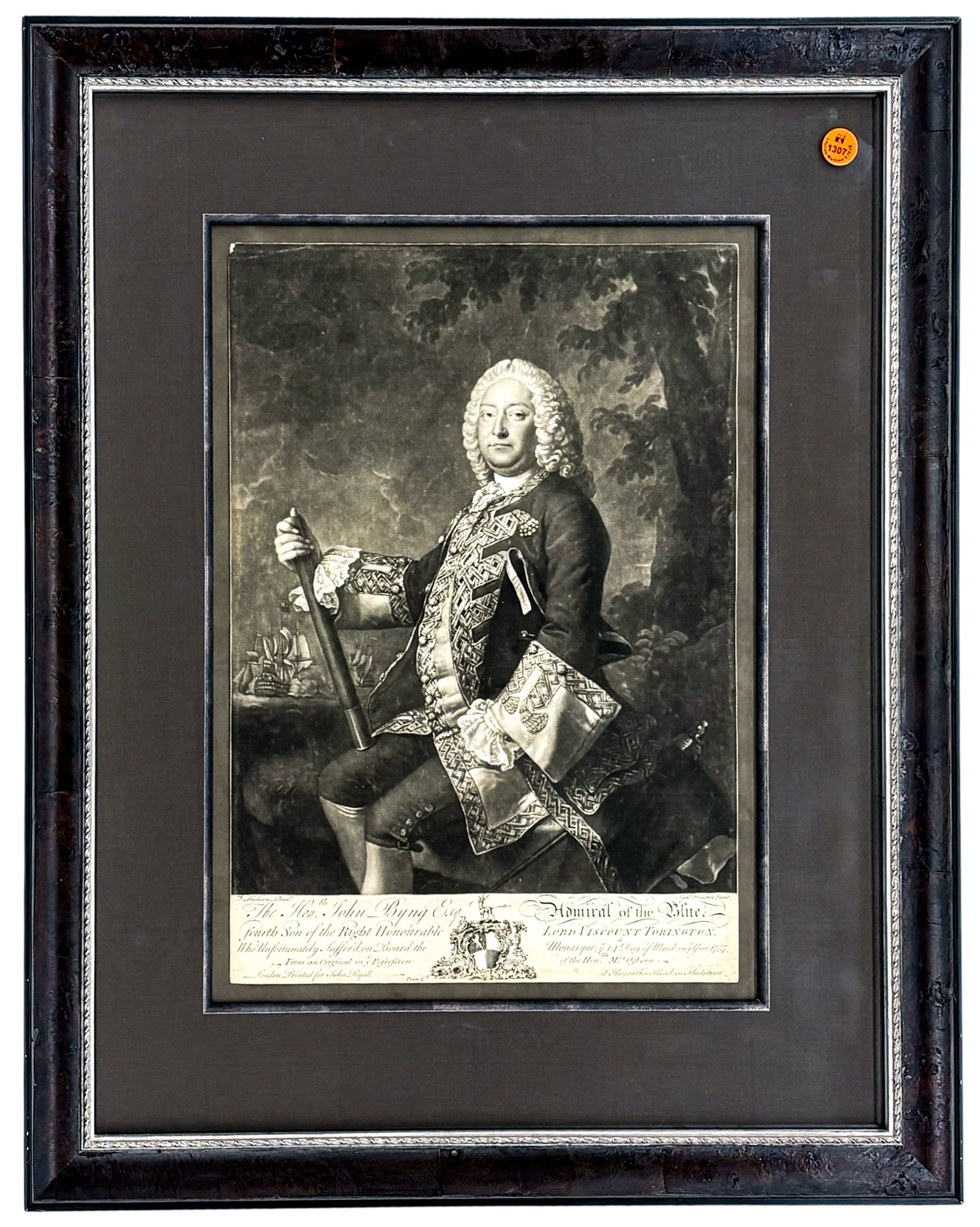 Richard Houston "Portrait of Admiral of the Blue John Byng" 1760 Mezzotint Engraving - 2