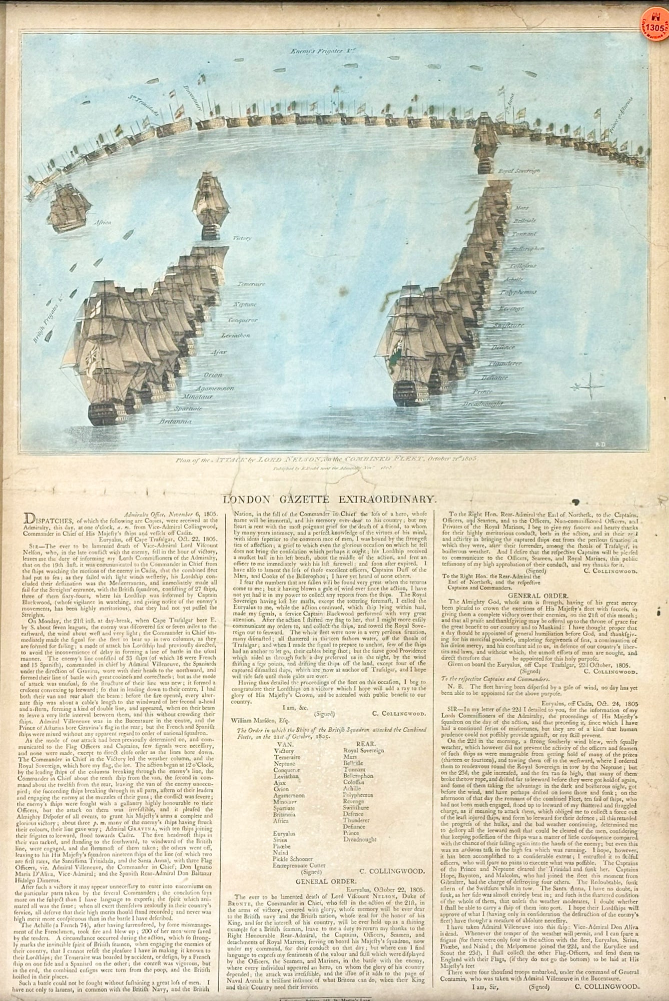 Robert Dodd "Plan of the Attack..." 1805 Broadside w/ Etching & Letterpress (1 of 2)