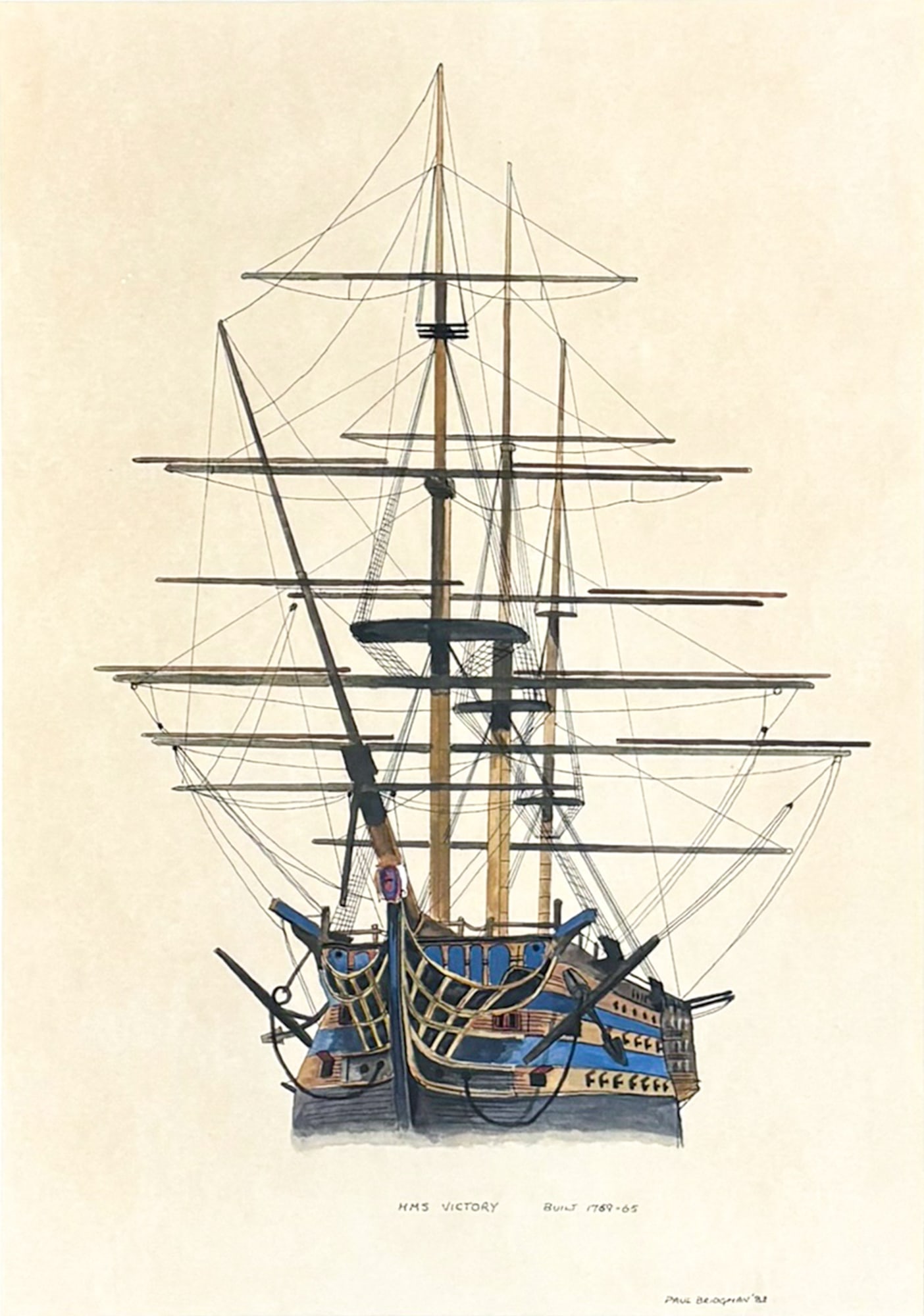 Paul Bridgman "HMS Victory Built 1759-65" 1982 Watercolor & Ink on Paper: Paul Bridgman (20th/21st Cent. British) "HMS Victory Built 1759-65" 1982 Watercolor & Ink on Paper 15"x10.5" Image 23.5"x18.5" Framed. Signed lower right. Excellent condition, not examined outside of