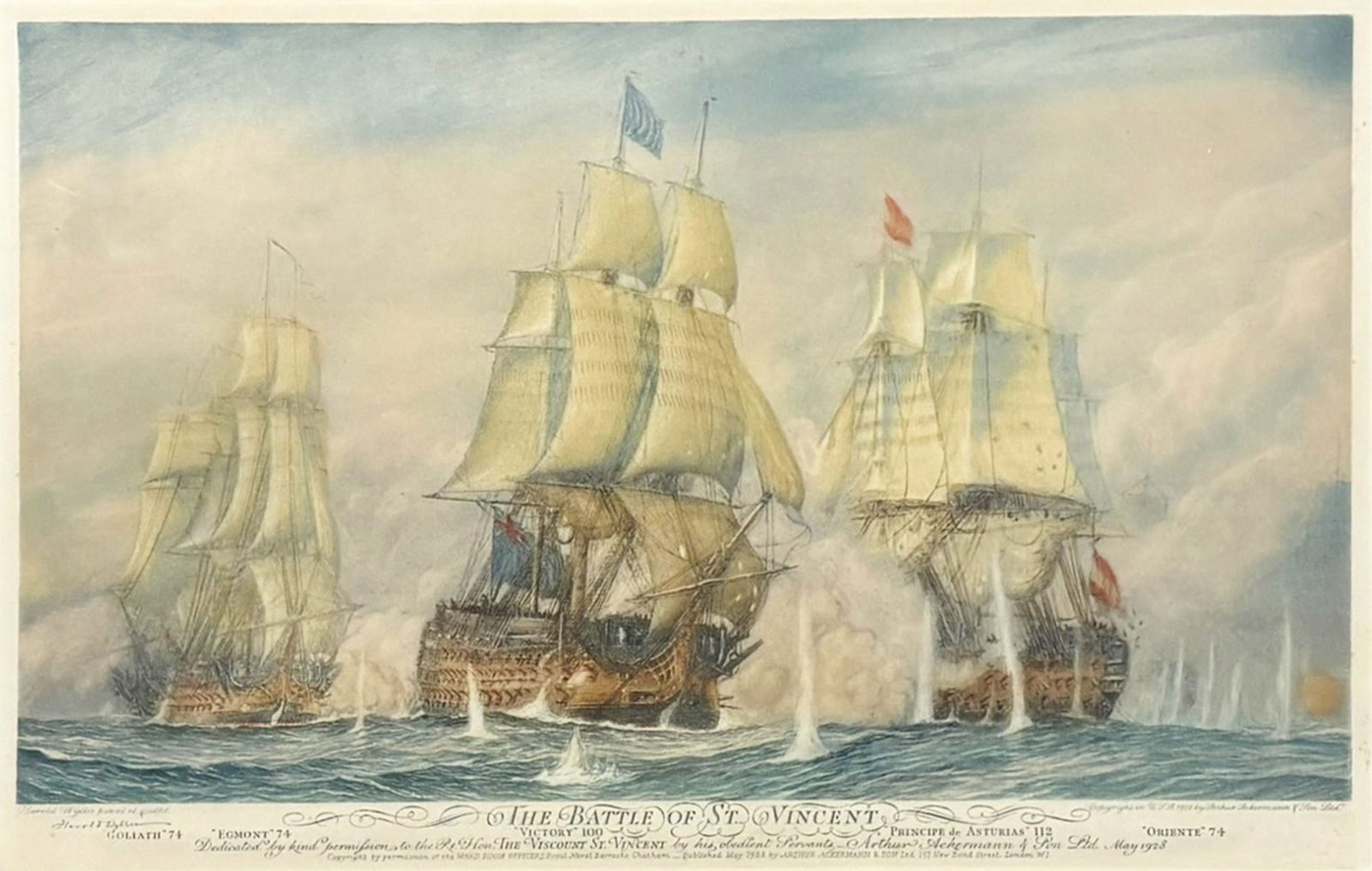 Harold Wyllie "The Battle of St. Vincent" 1928 Colored Etching: Harold Wyllie (1880-1973 British) "The Battle of St. Vincent" 1928 Colored Etching 9.5"x15" Image 17.5"x22.5" Framed. Pencil signed lower left. Excellent condition, not examined outside of framing.