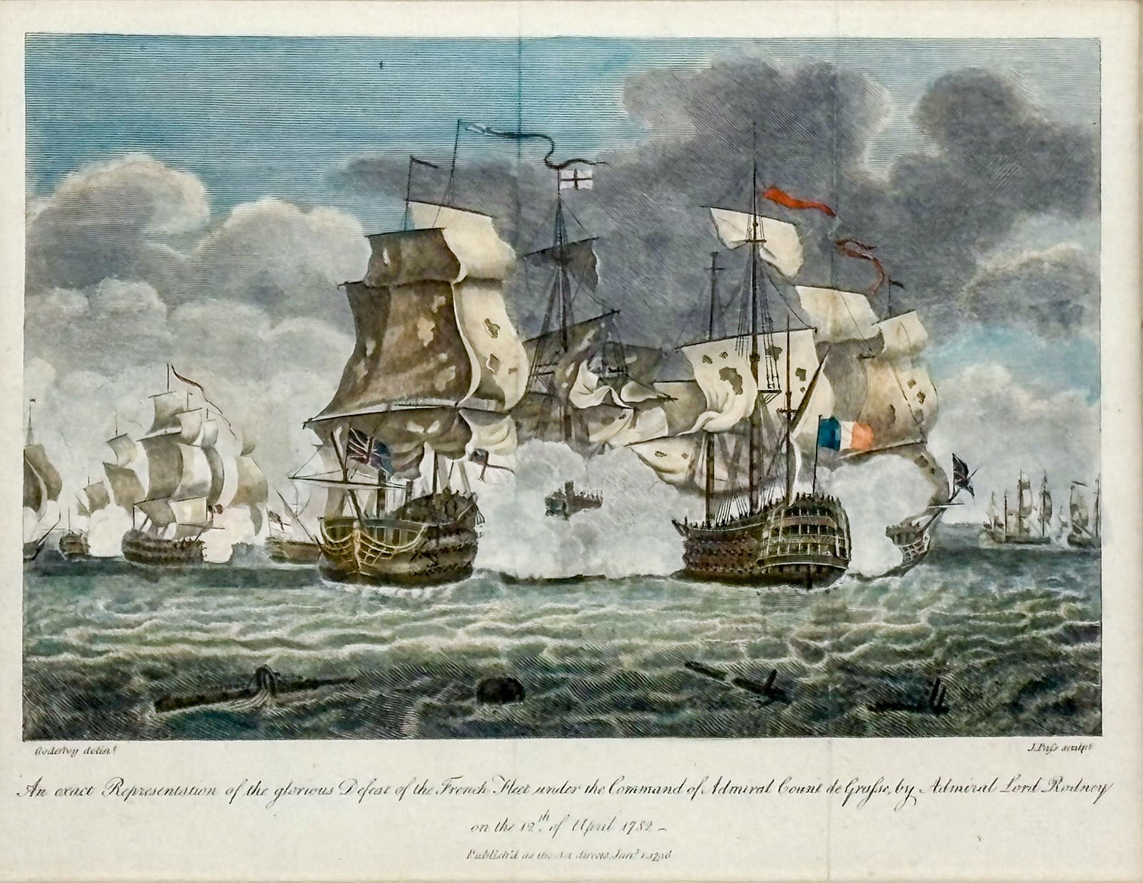 John Pass "An Exact Representation of the Glorious Defeat..." 1796 Hand Colored Etching: John Pass (1770-1824 British) "An Exact Representation of the Glorious Defeat of the French Fleet Under the Command of Admiral Count de Grasse by Admiral Lord Rodney" 1796 Hand Colored Etching 6"x8" I