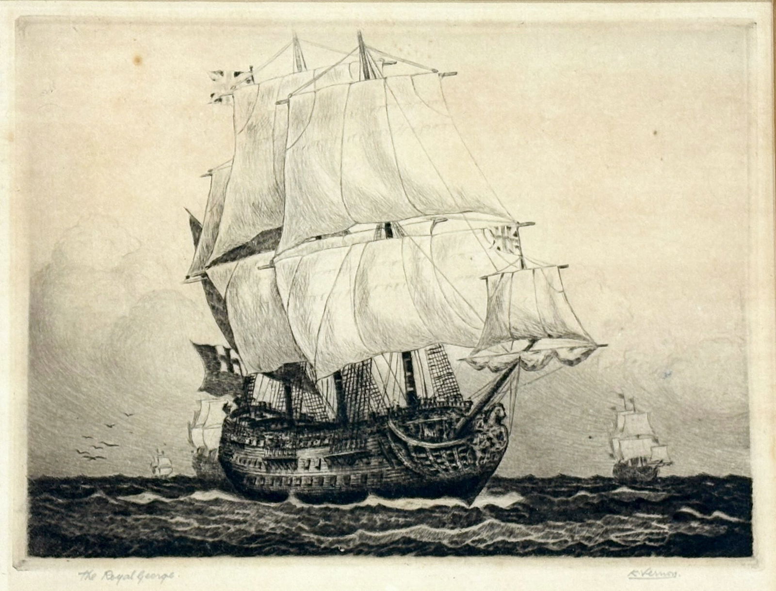 K. Vernon "The Royal George" Drypoint Etching: K. Vernon (20th Cent. British) "The Royal George" Drypoint Etching 7"x9" Image 12"x13" Framed. Pencil signed lower right. Excellent condition, not examined outside of framing.