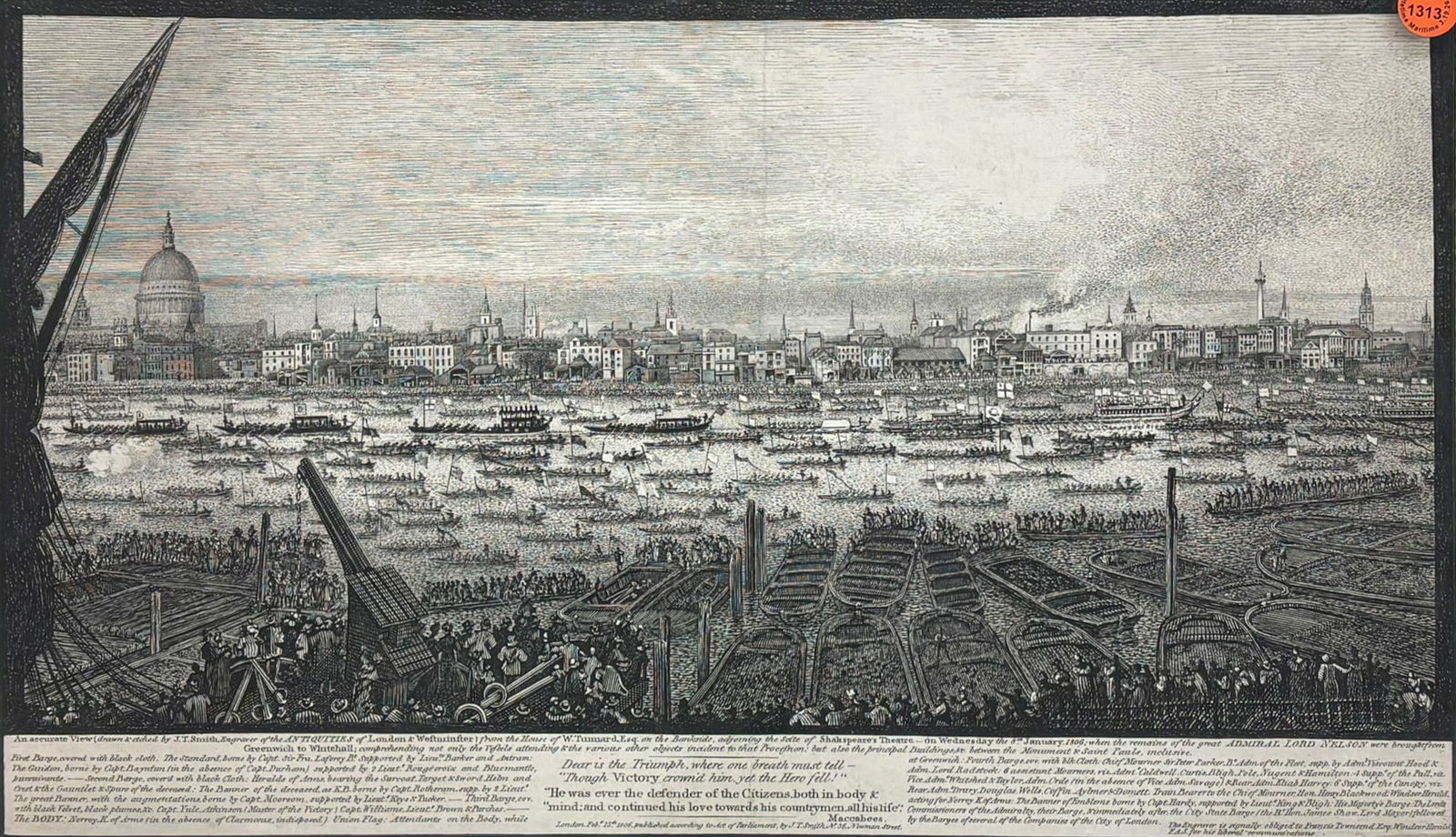 John Thomas Smith "Admiral Nelson's Funeral Procession" 1806 Engraving: John Thomas Smith (1766-1833 British) "Admiral Nelson's Funeral Procession" 1806 Engraving 11.5"x18.5" Image 15"x22" Framed. Excellent condition, not examined outside of framing.