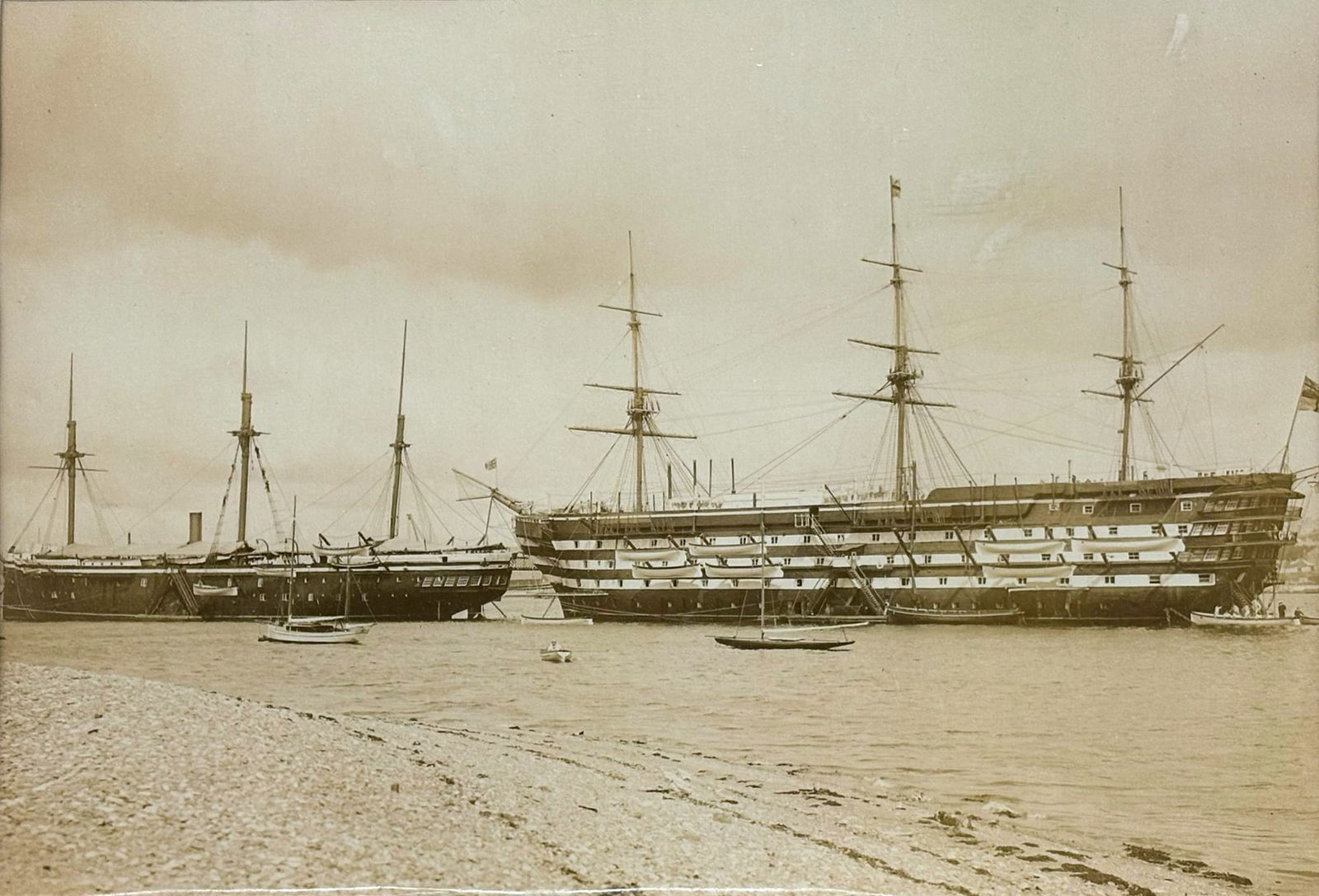 Antique "HMS Impregnable, Devonport" Sepia Photograph: Antique "HMS Impregnable, Devonport" Sepia Photograph 7.5"x10.75" Image 12"x15" Framed. Unsigned. Excellent condition, not examined outside of framing.