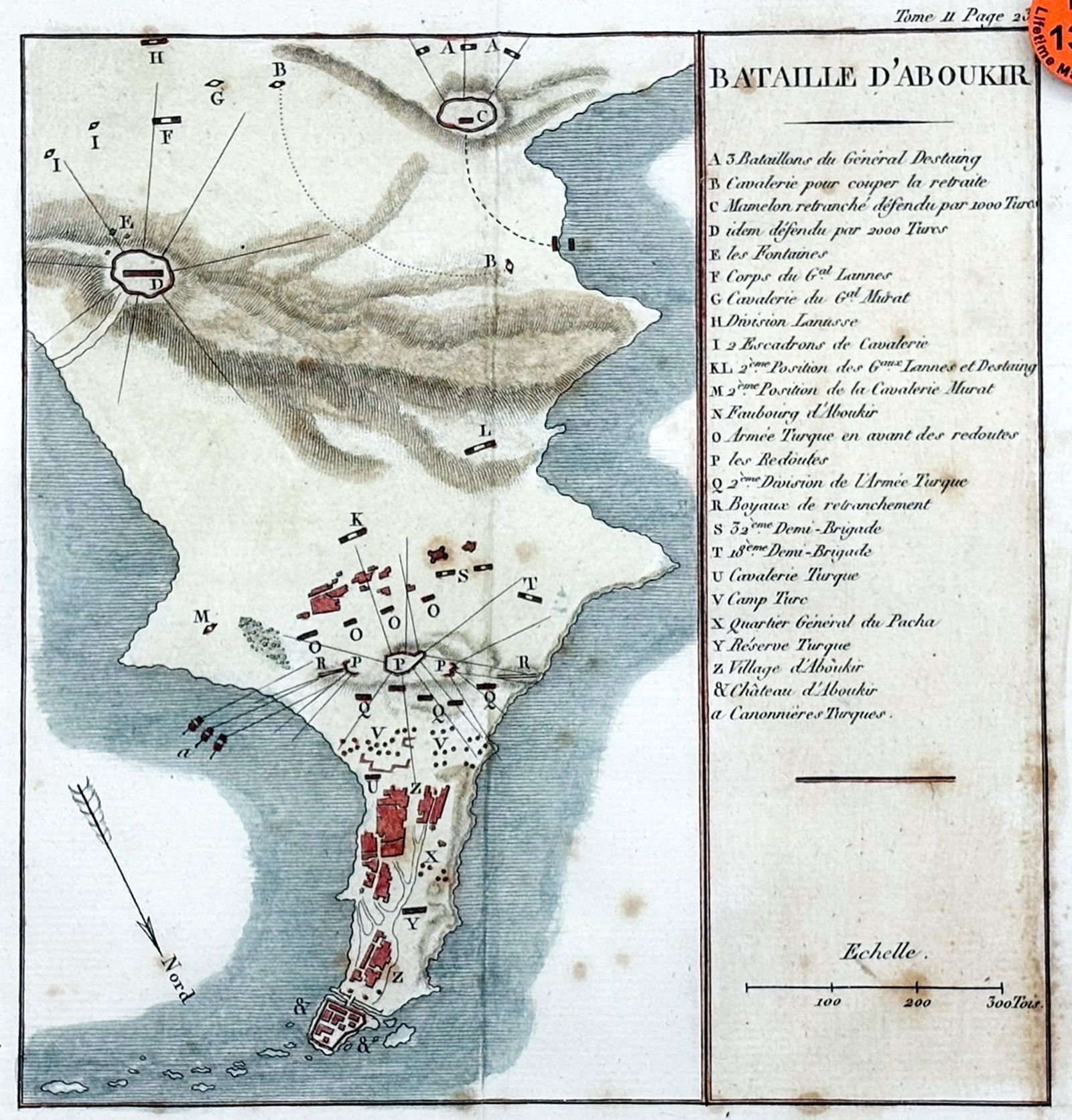 Antique "Bataille D'Aboukir" Hand Colored Map Etching: Antique "Bataille D'Aboukir" Hand Colored Map Etching 7"x7" Image 9.75"x9.75" Framed. Toning and foxing throughout.