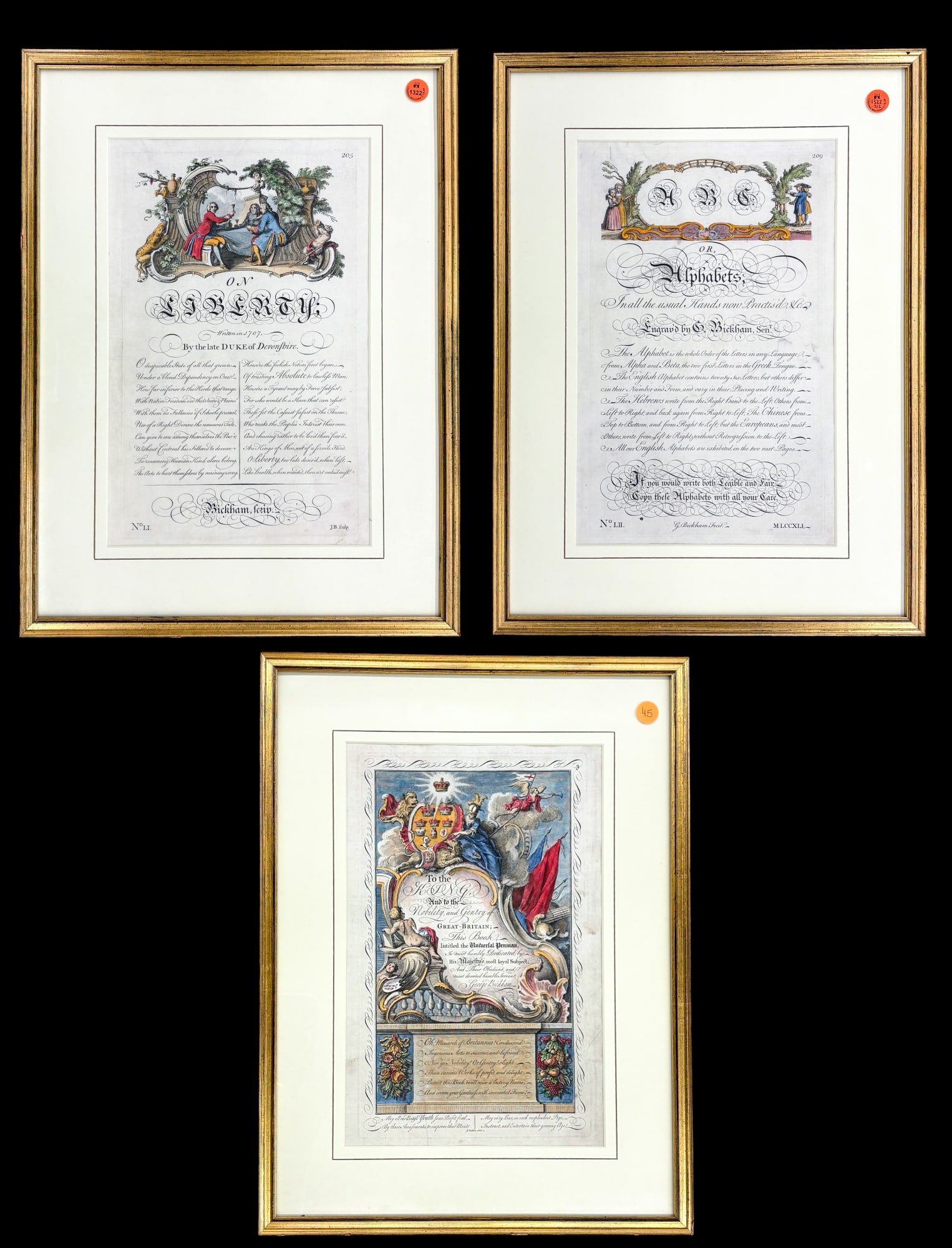 3pc George Bickham Hand Colored Engravings of Pages from "The Universal Penman" (1 of 1)