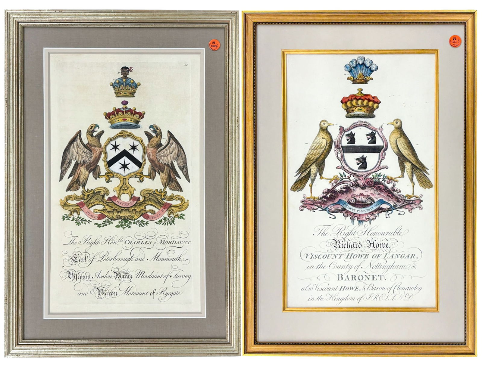 2pc Antique British Familial Coat of Arms Hand Colored Etchings: 2pc Antique British Familial Coat of Arms Hand Colored Etchings 17.5"x10.5" Image 23"x16" Framed Largest. Excellent condition. not examined outside of framing.