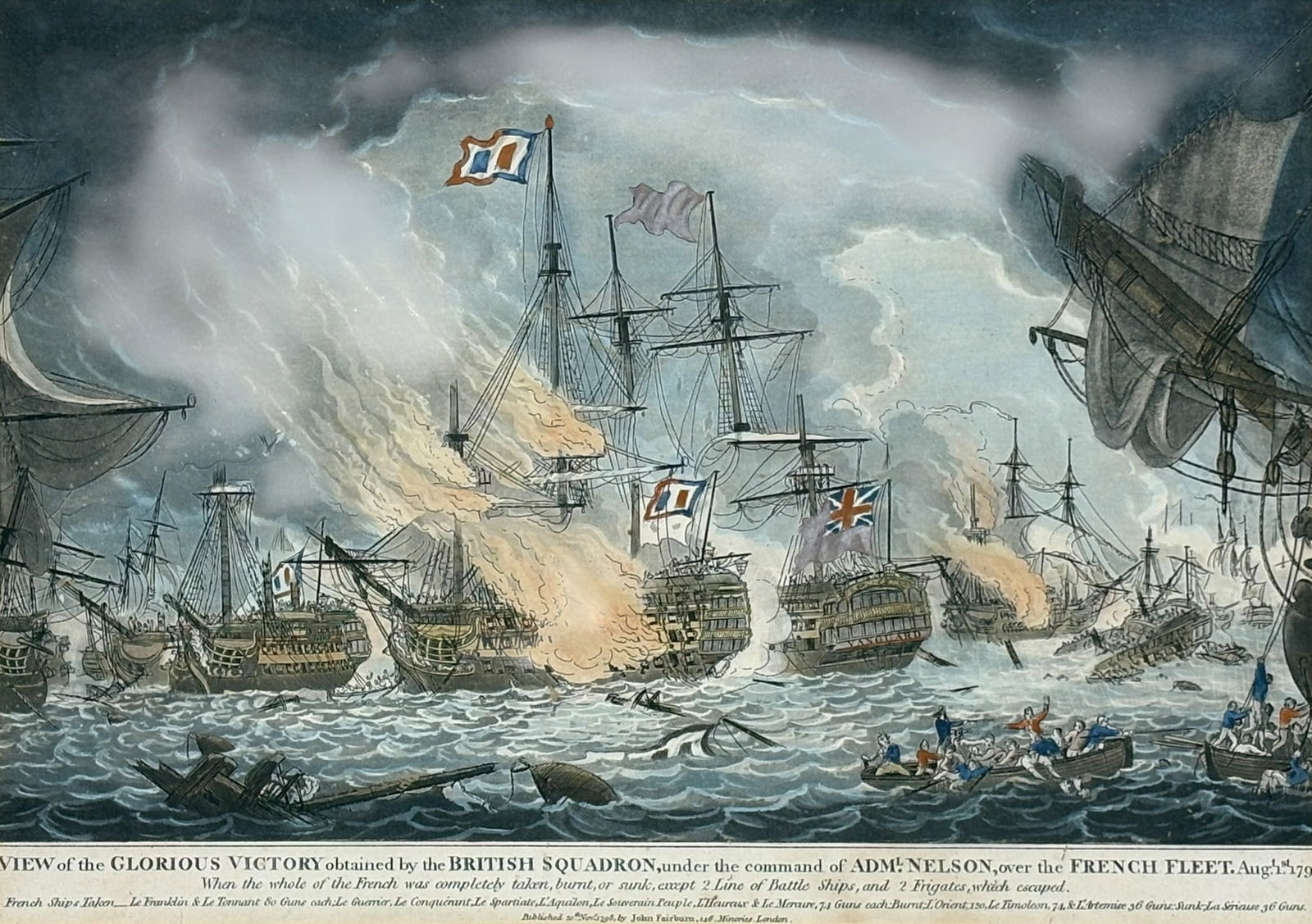 "A View of the Glorious Victory..." 1798 Etching: "A View of the Glorious Victory Obtained by the British Squadron, Under the Command of Adm. Nelson, Over the French Fleet Aug. 1st, 1798" 1798 Etching 9.5"x13.5" Image 18"x20" Framed. Unsigned. Excell