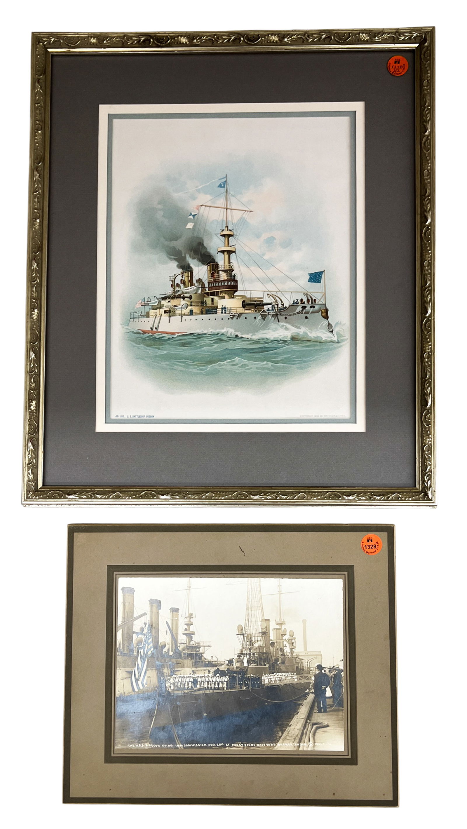 2pc Antique "The USS Oregon Going Into Commission" 1911 Sepia Photograph & Print: 2pc Antique "The USS Oregon Going Into Commission" 1911 Sepia Photograph & USS Oregon Battleship Print 6"x8" Image 10"x12" Matted Photograph. Excellent condition.