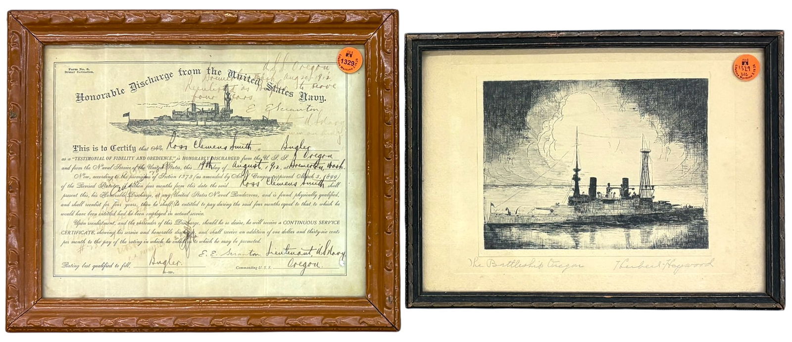 2pc USS Oregon Etching & Honorable Discharge from the US Navy Certificate: 2pc USS Oregon Etching & Honorable Discharge from the US Navy Certificate 9.5"x11.5" Largest Framed. Excellent condition, not examined outside of framing.