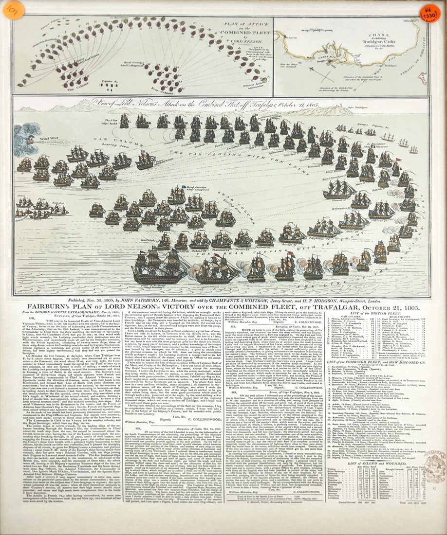 "Fairburn's Plan of Lord Nelson's Victory..." Broadsheet Reproduction: "Fairburn's Plan of Lord Nelson's Victory Over the Combined Fleet Off Trafalgar October 21st 1805" Broadsheet Reproduction 24"x18" Framed. Excellent condition, not examined outside of framing.