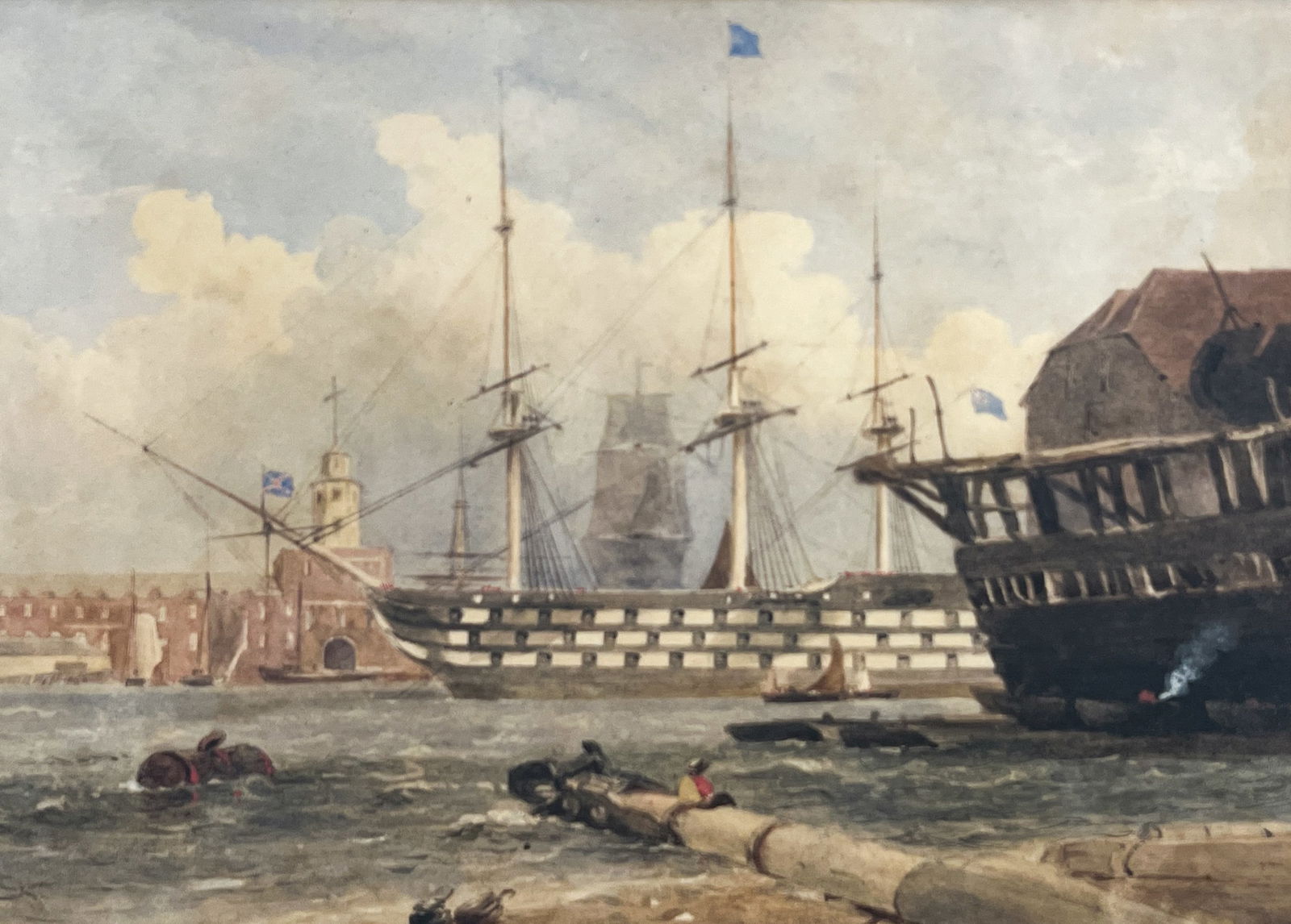 Copley Fielding "Ship of the Line in Harbour" Watercolor on Paper: Copley Fielding (1787-1855 British) "Ship of the Line in Harbour" Watercolor on Paper 9"x12.5" Image 17"x20.5" Framed. Unsigned. Excellent condition, not examined outside of framing.