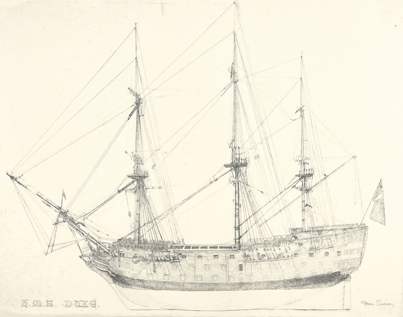 Don Swann "HMS Duke" Etching: Don Swann (1918-2004 American) "HMS Duke" Etching 10"x12.5" Image 17"x19.5" Framed. Pencil signed lower right and numbered 91 of 300. Excellent condition, not examined outside of framing.