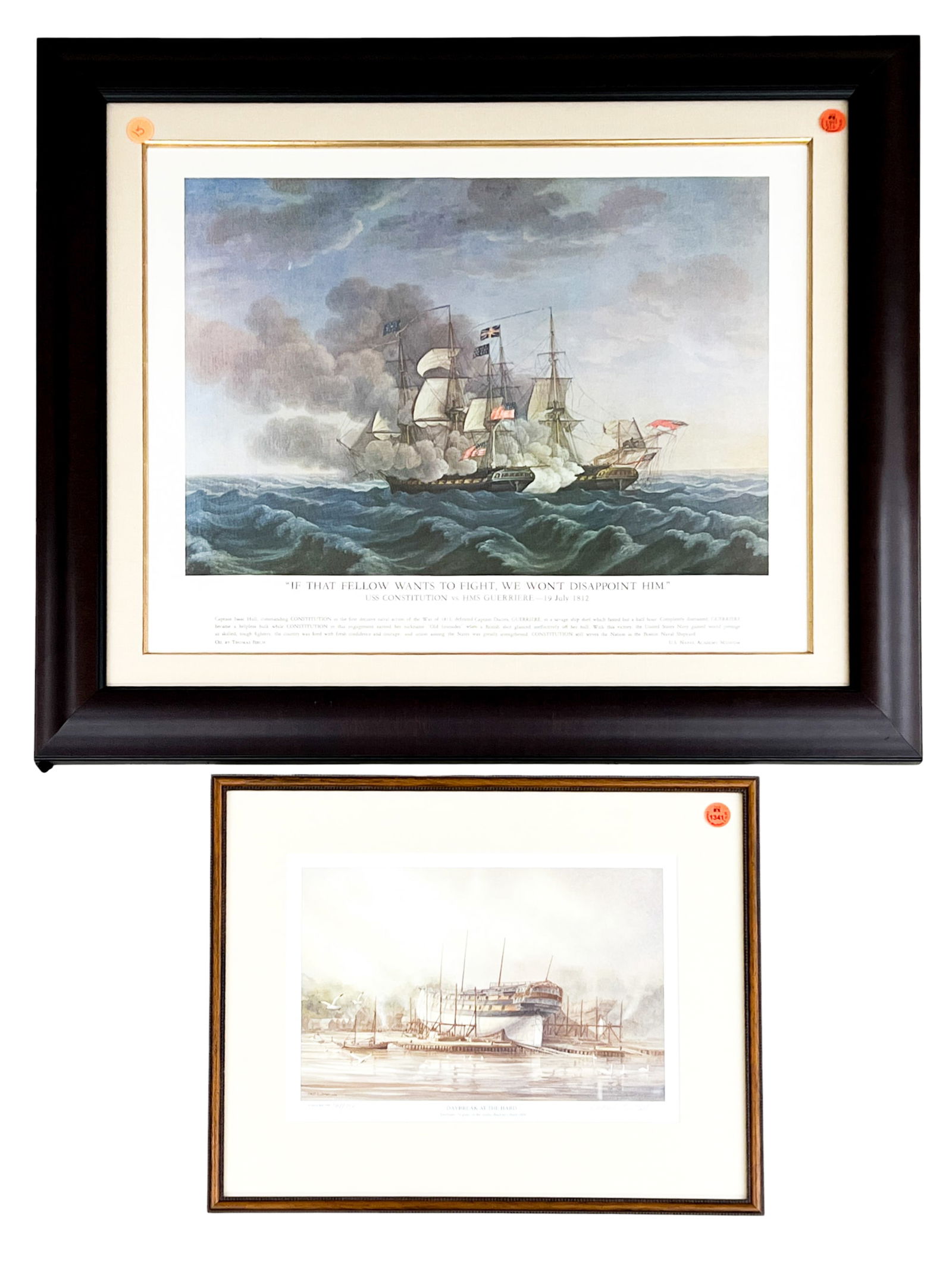 2pc USS Constitution & "Daybreak at the Hard" Prints: 2pc USS Constitution & "Daybreak at the Hard" Prints 16"x18.5" Image 22"x26" Framed Largest. Excellent condition, not examined outside of framing.