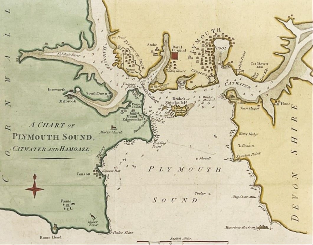 Antique "A Chart of Plymouth Sound" 1782 Hand Colored Map (1 of 2)