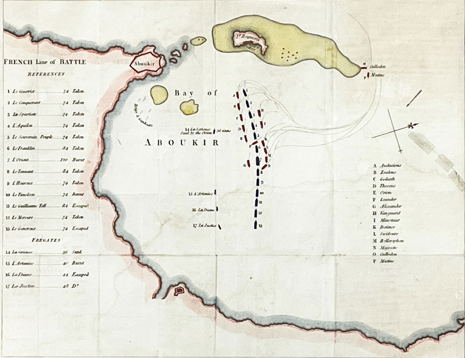 Antique "The French Line of Battle" 1799 Hand Colored Map: Antique "The French Line of Battle" 1799 Hand Colored Map 10.5"x13.5" Image 18"x21" Framed. Crease lines, minor toning & foxing.