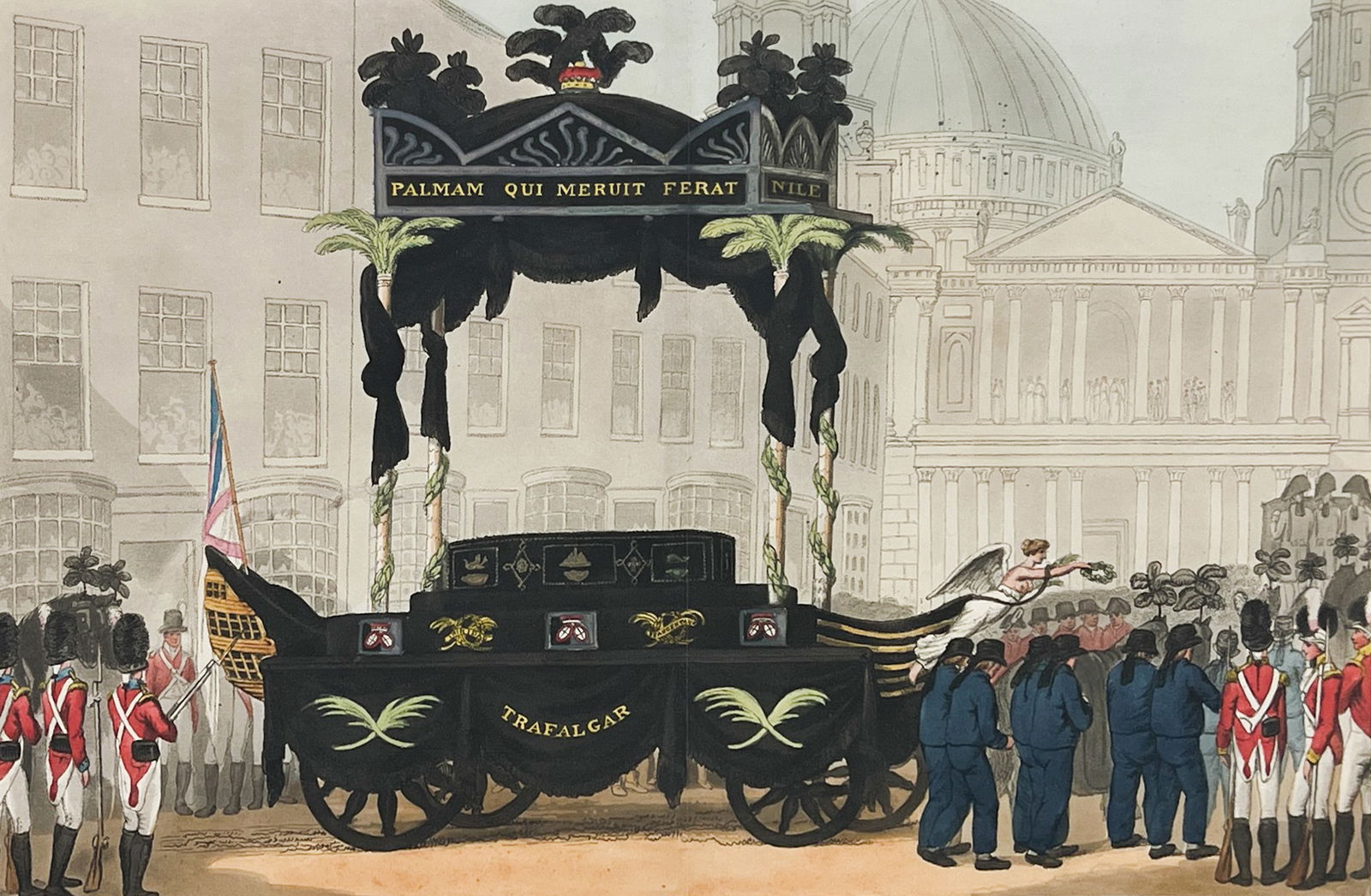 James Godby "The Funeral Procession of Lord Viscount Nelson" 1806 Aquatint Etching: James Godby (1767-1849 British) "The Funeral Procession of Lord Viscount Nelson Jan. 9th 1806" 1806 Aquatint Etching 12"x16" Image 19.5"x23.5" Framed. Excellent condition, not examined outside of fram