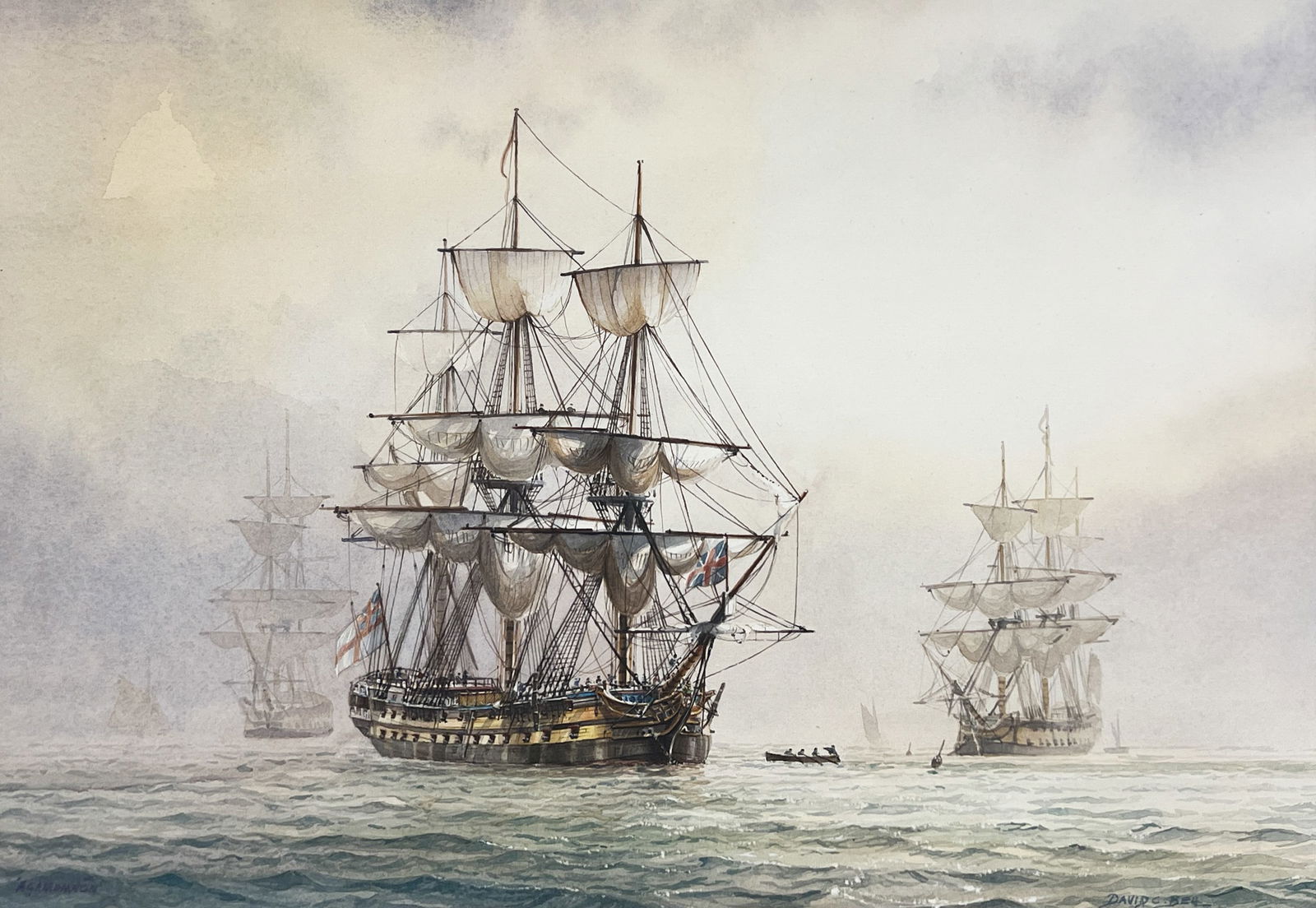 David C. Bell "HMS Agamemnon" Watercolor on Paper: David C. Bell (b. 1950 British) "HMS Agamemnon" Watercolor on Paper 11.5"x15" Image 20"x24" Framed. Signed lower right. Excellent condition, not examined outside of framing.