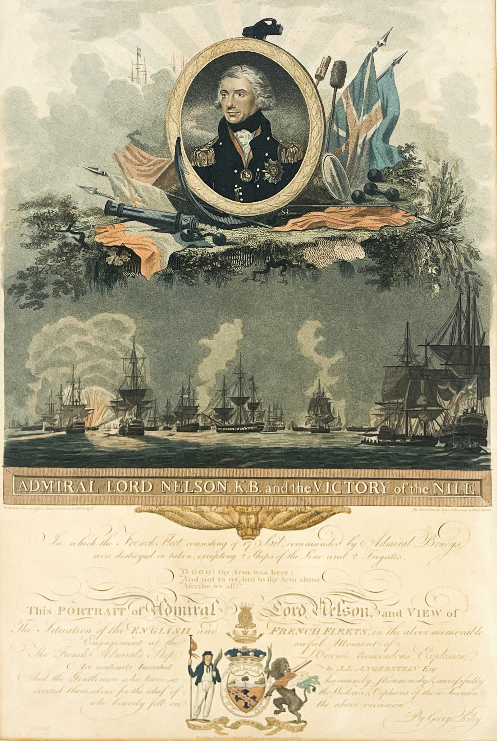Piercy Roberts "Admiral Lord Nelson, K.B. in the Victory of the Nile" Colored Etching: Piercy Roberts (18th/19th Cent. British) "Admiral Lord Nelson, K.B. in the Victory of the Nile" Colored Etching 17"x11" Image 24"x17.5" Framed. Excellent condition, not examined outside of framing.