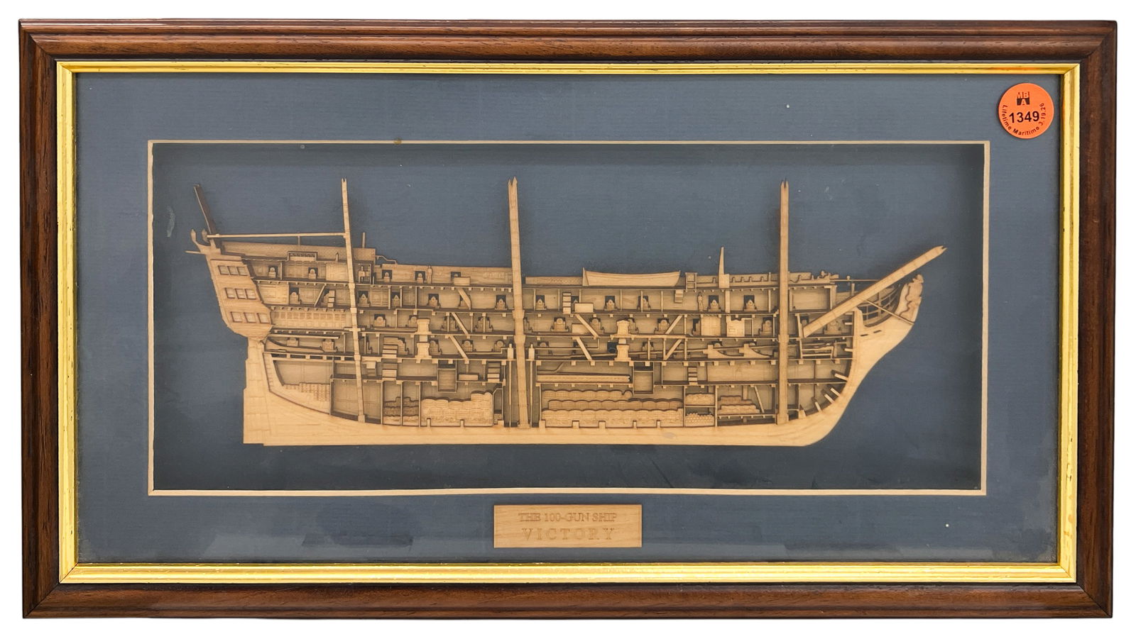 20th Cent. Wood Half Section View of HMS 100-Gun Ship Victory: 20th Cent. Wood Half Section View of HMS 100-Gun Ship Victory 8"x15" Framed