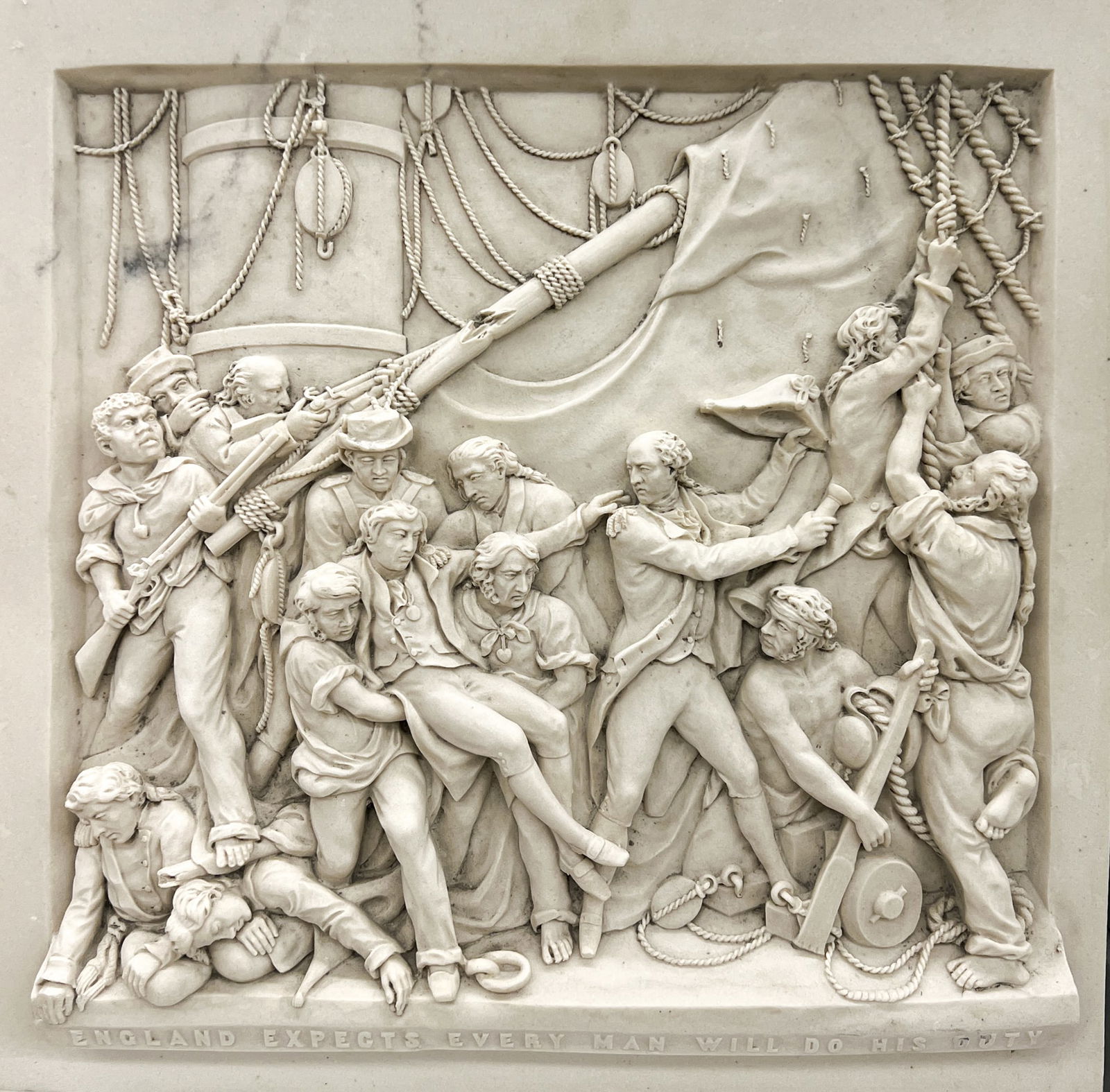 Admiral Nelson Death Scene Marble Relief Plaque: "England Expects Every Man Will Do His Duty" Admiral Nelson Death Scene Marble Relief Plaque 13.5"x13.5". Excellent condition.