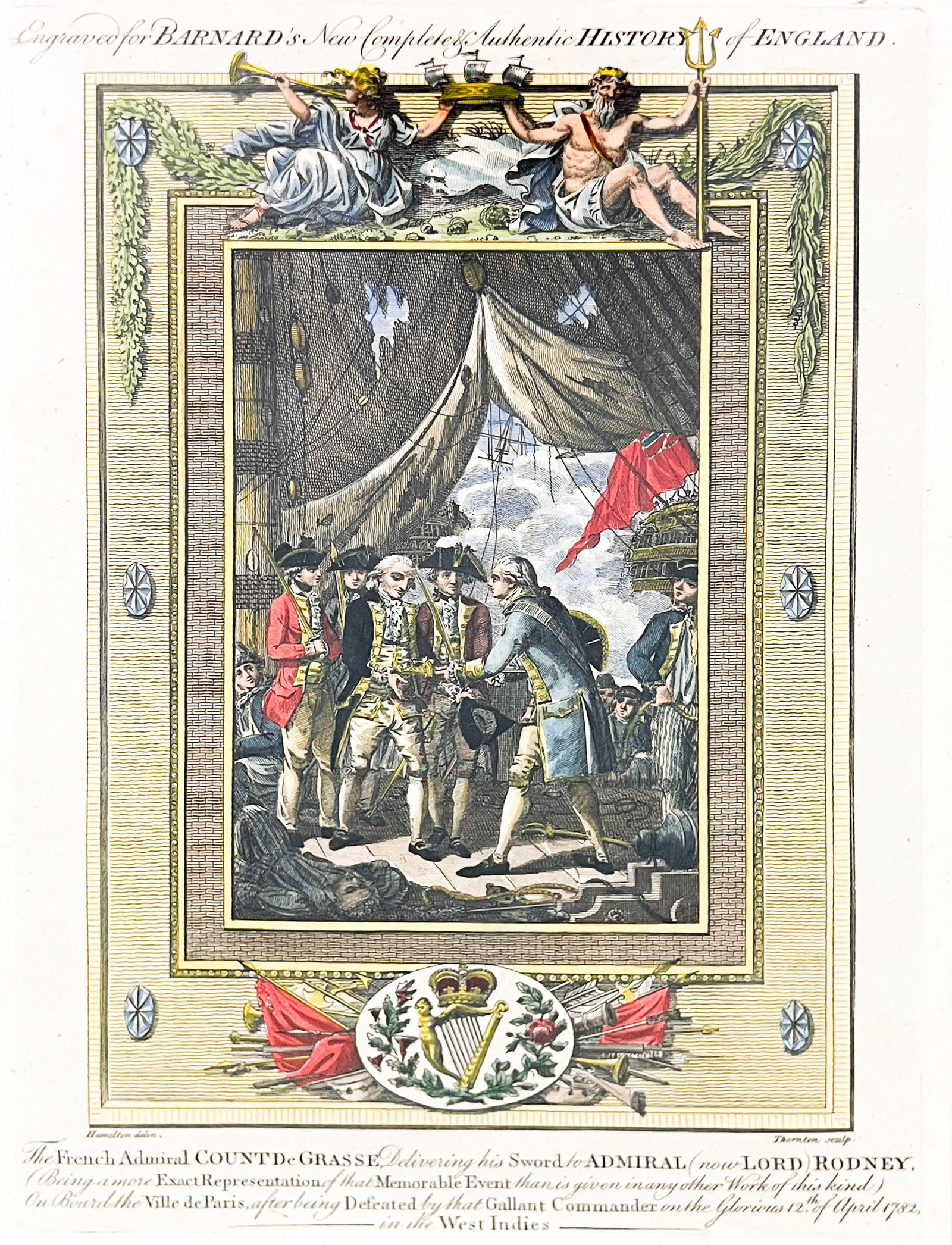 "Count DeGrasse Delivering His Sword to Admiral Rodney" Colored Etching (1 of 2)